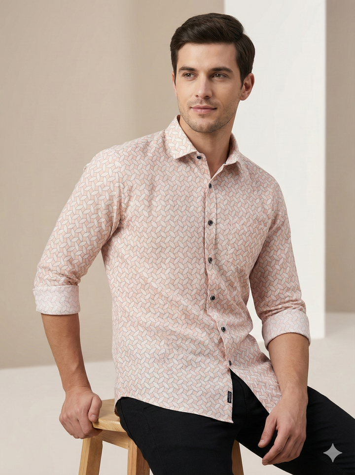 Men’s Premium Printed Cotton Shirt – Soft Peach & White Geometric Pattern - 25503