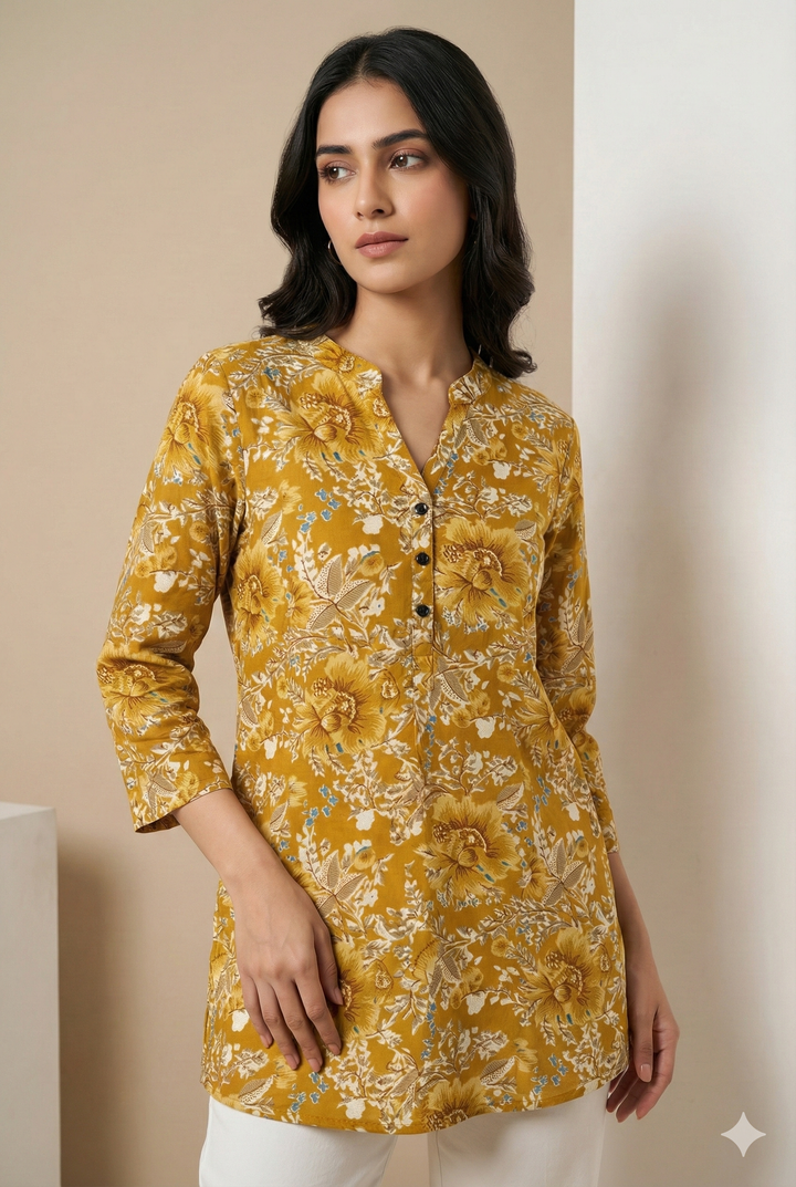 Mustard Floral Printed Hip-Length Kurti with V-Notch Neckline & 3/4 Sleeves – 26193