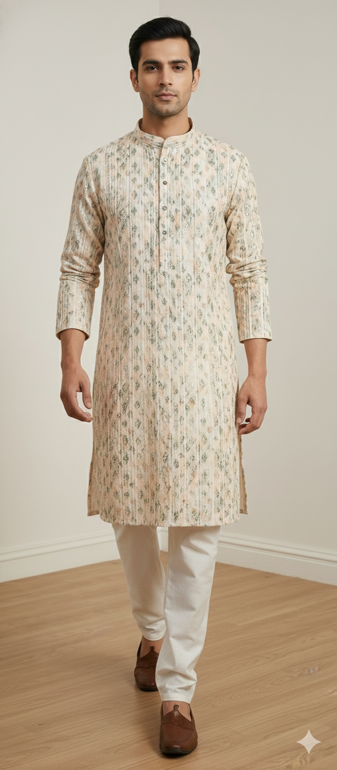 Men’s Pastel Ivory & Green Printed Textured Kurta Pajama - 26403