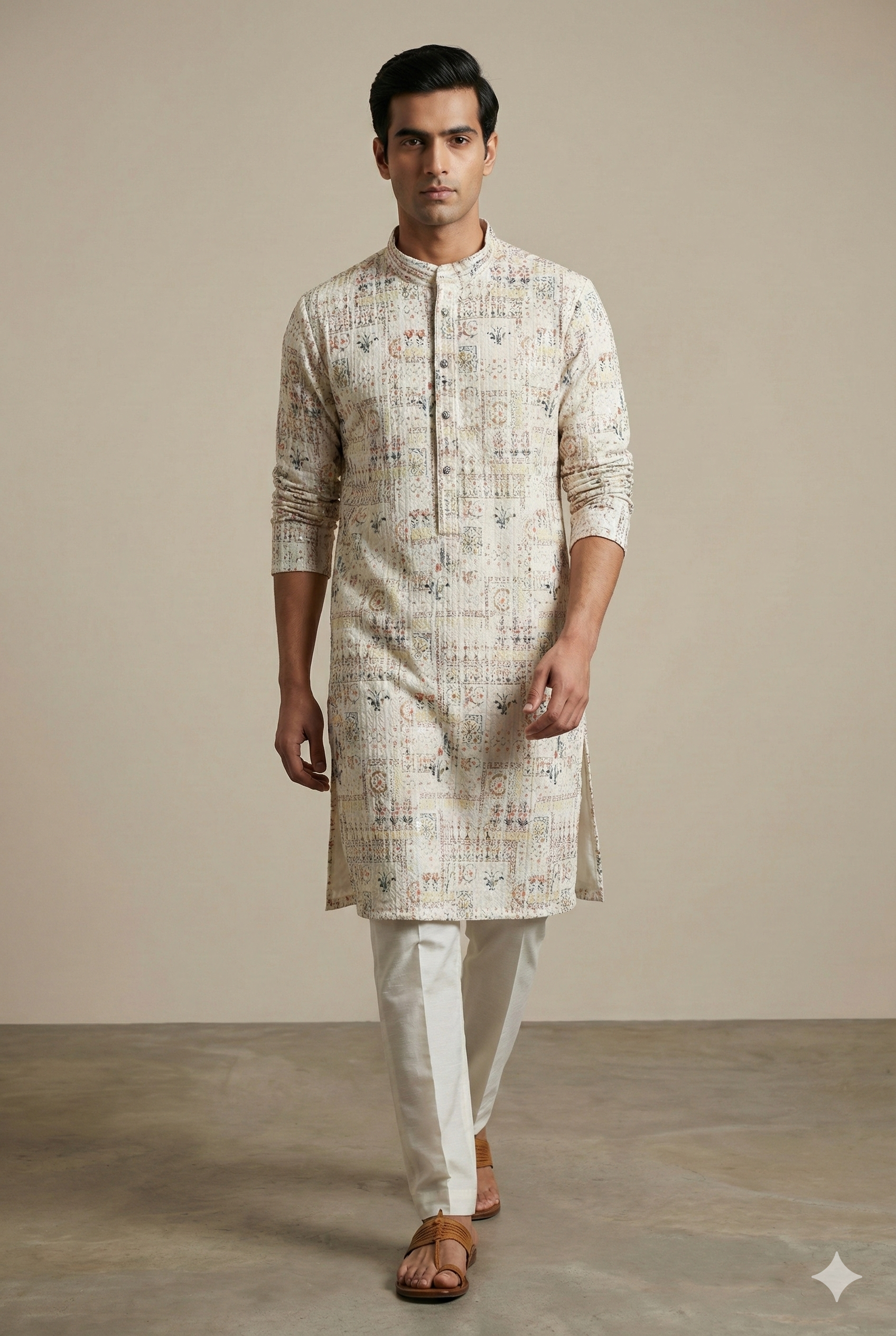 Cream Multi-Thread Sequence Stone Work Kurta - 26405