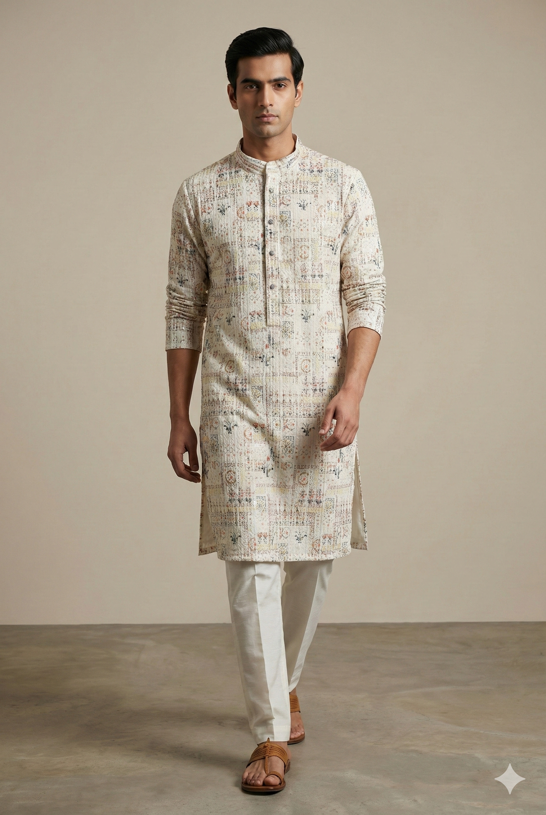 Cream Multi-Thread Sequence Stone Work Kurta - 26405