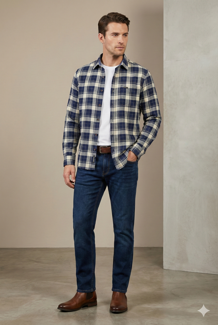 Men's Navy & Cream Plaid Brushed Flannel Shirt - 23637