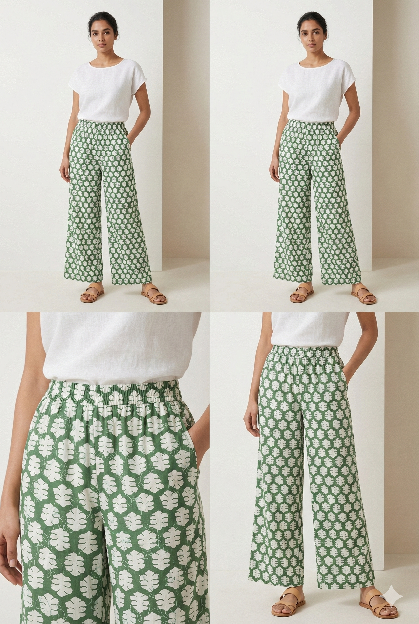 Green Tropical Leaf Print Elastic Waist Palazzo Pants - 26344
