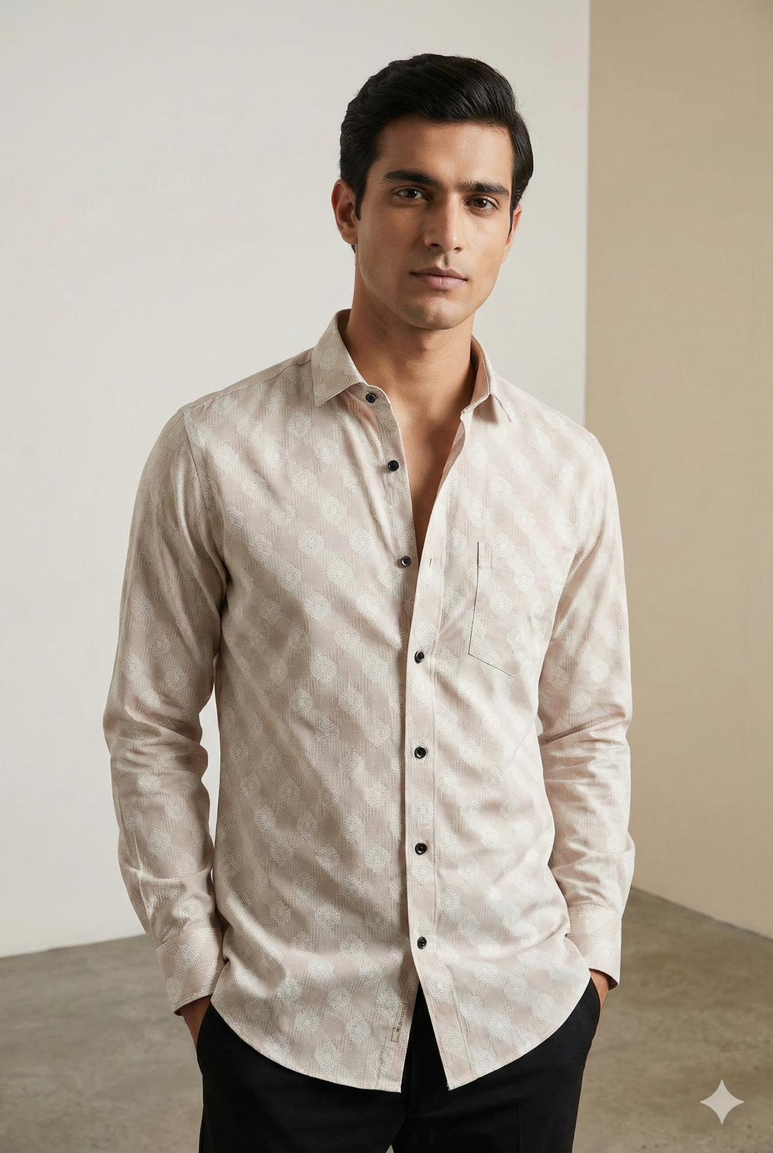 Beige Geometric Pattern Premium Cotton Shirt- 26248