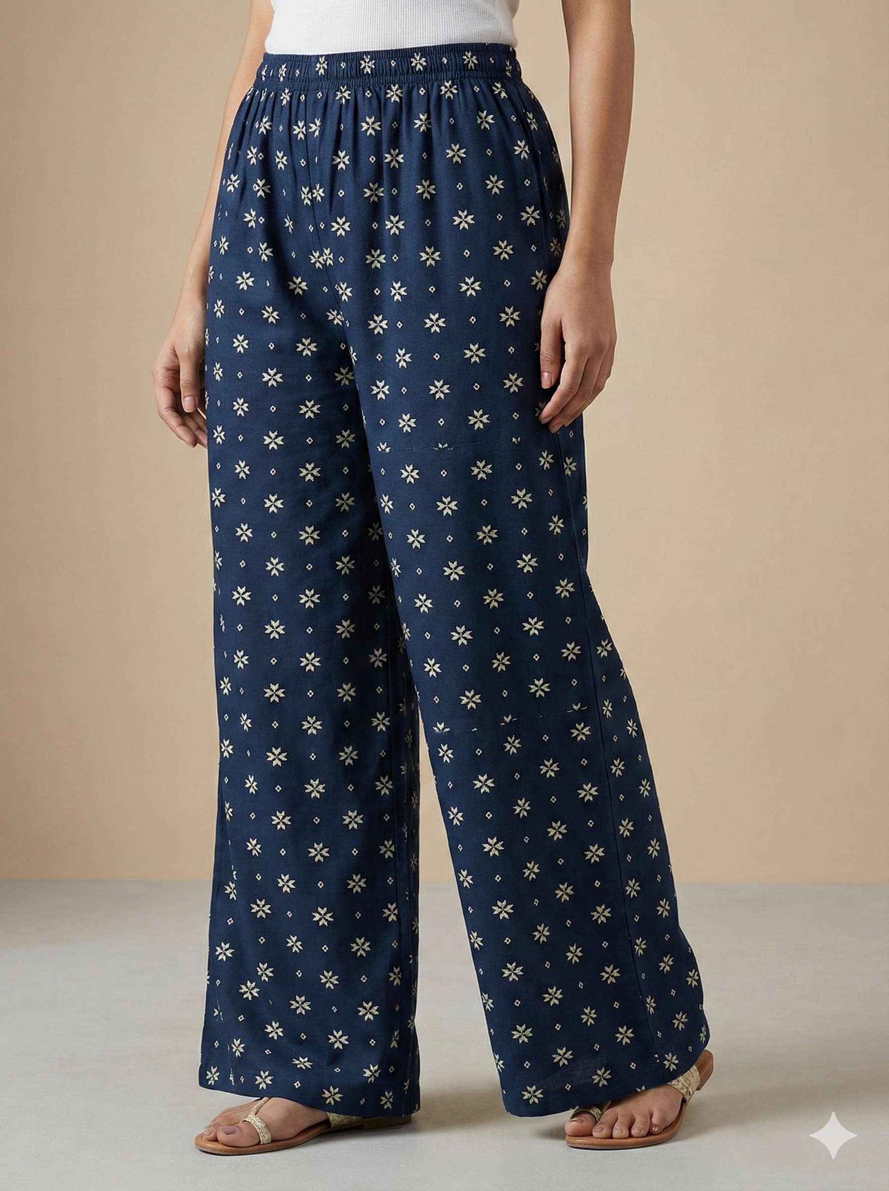 Navy Blue Star Motif Printed Cotton Palazzo - 26361