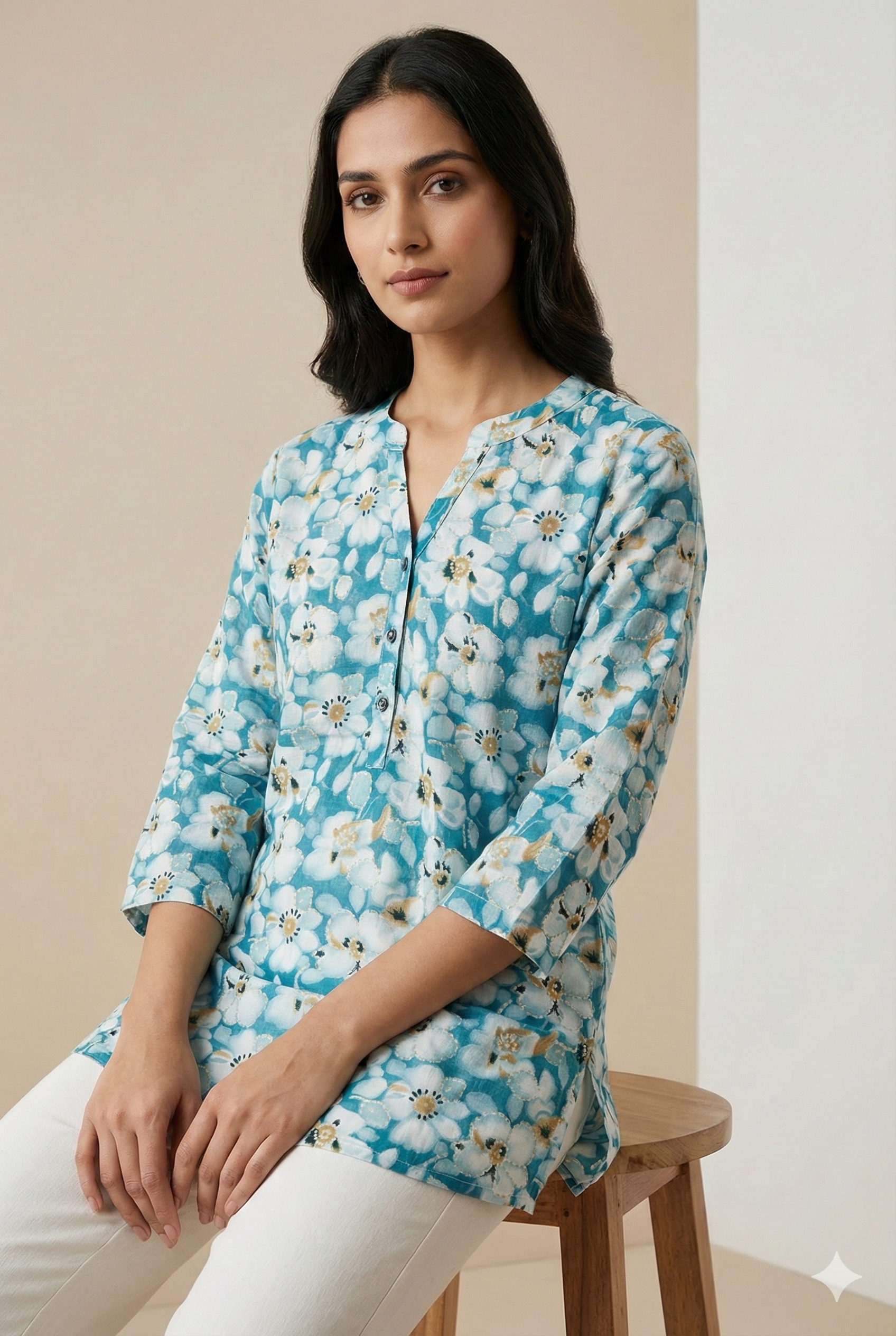 Sky Blue Floral Printed Short Kurti for Women - 25359