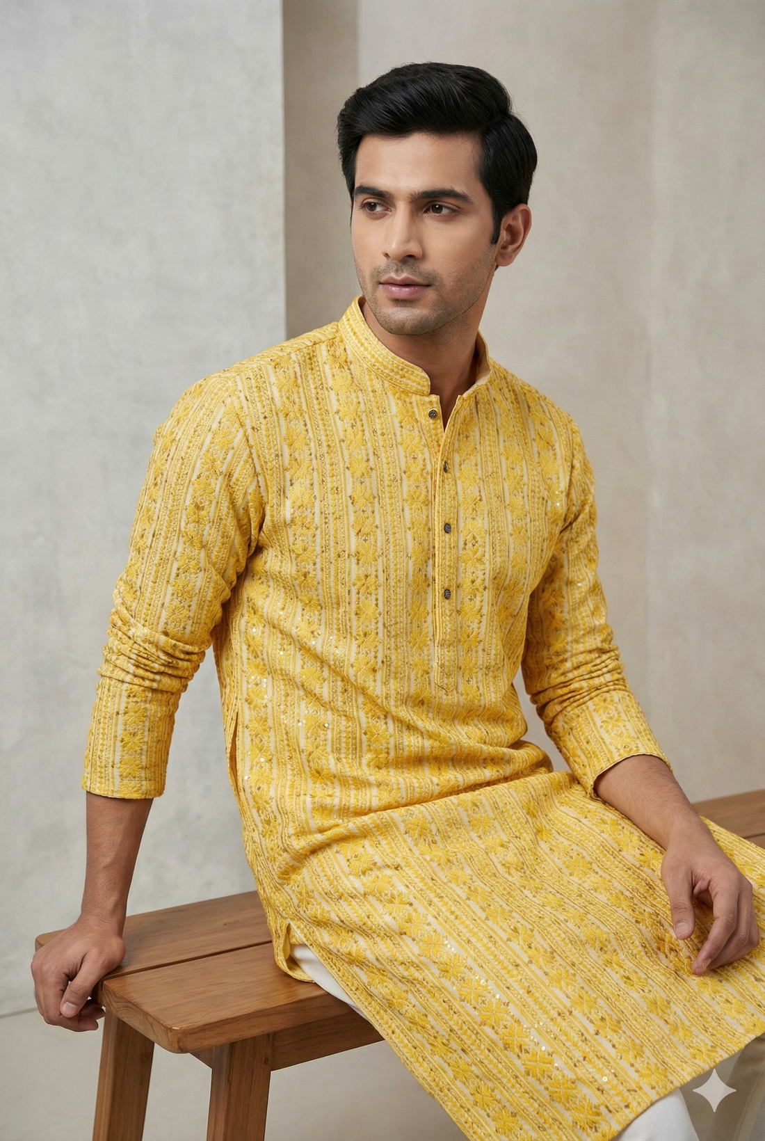Mustard Yellow Sequin & Thread Embroidered Long Kurta - 26413