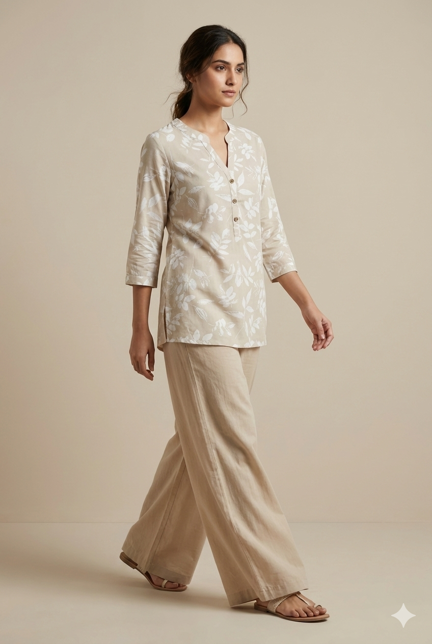 Beige Leaf-Print Casual Cotton Kurti with V-Notch Neck & 3/4 Sleeves - 26211