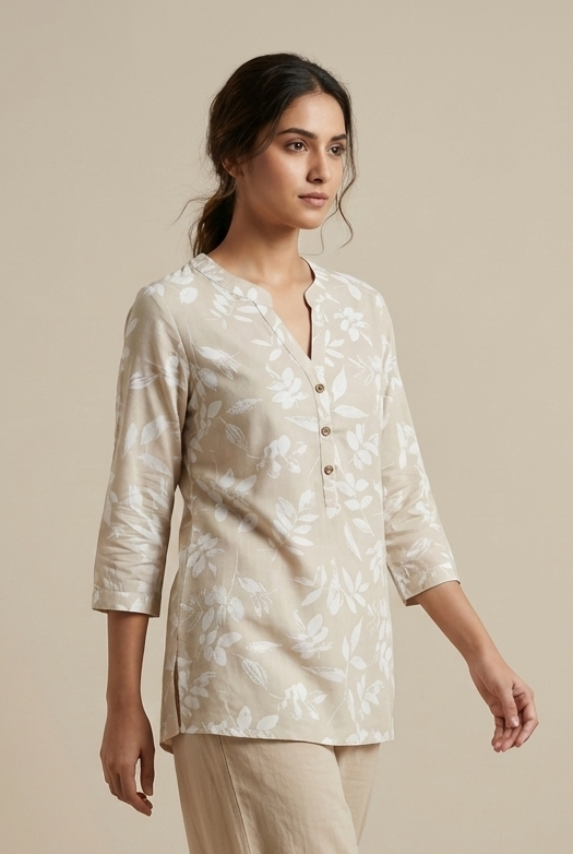 Beige Leaf-Print Casual Cotton Kurti  - 26211