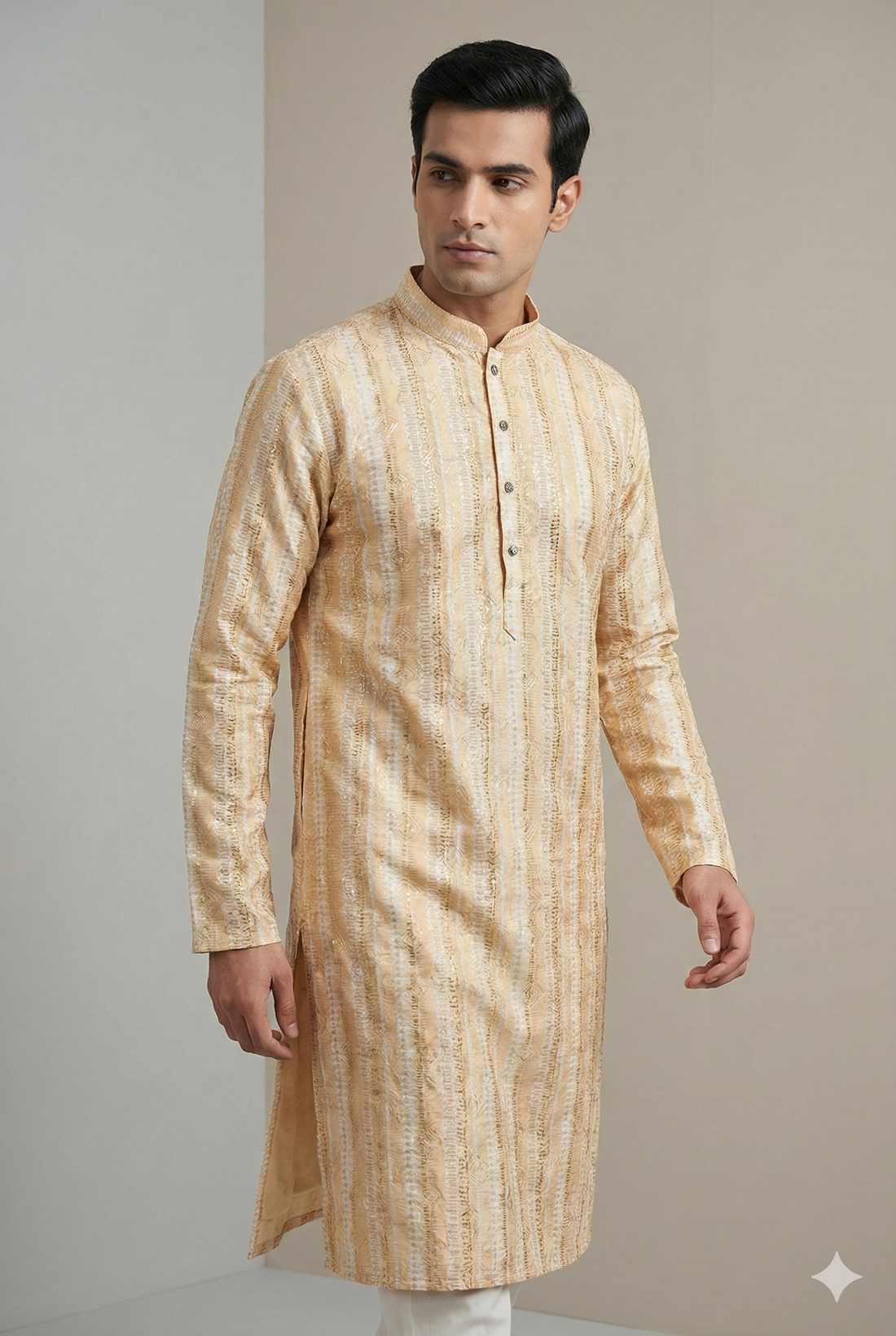 Golden Beige Sequin-Embroidered Designer Kurta - 26414