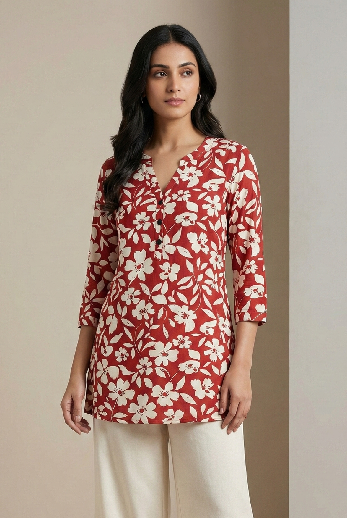 Women’s Red & Ivory Floral Printed Kurti - 26009