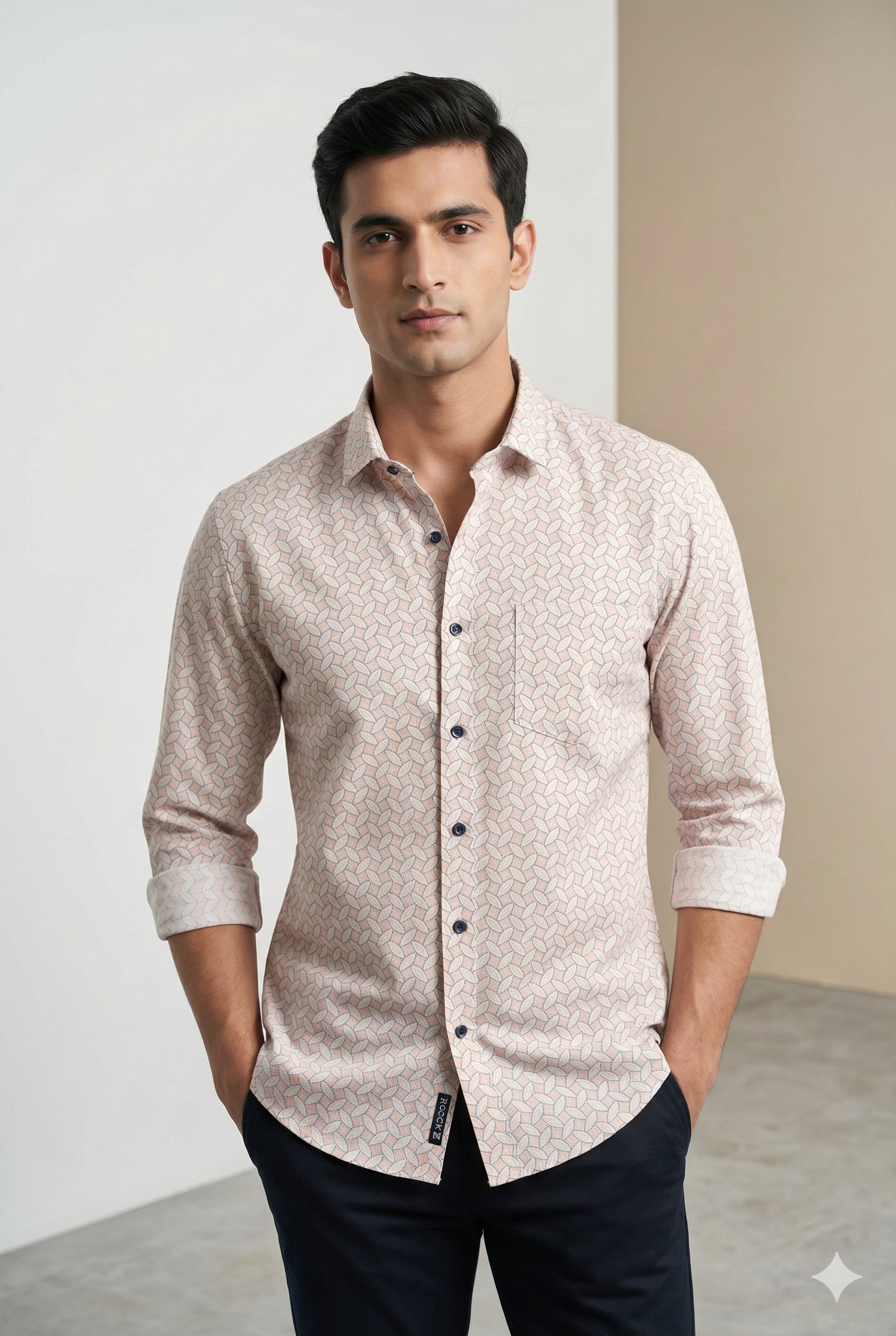 Men’s Premium Printed Cotton Shirt – Soft Peach & White Geometric Pattern - 25503