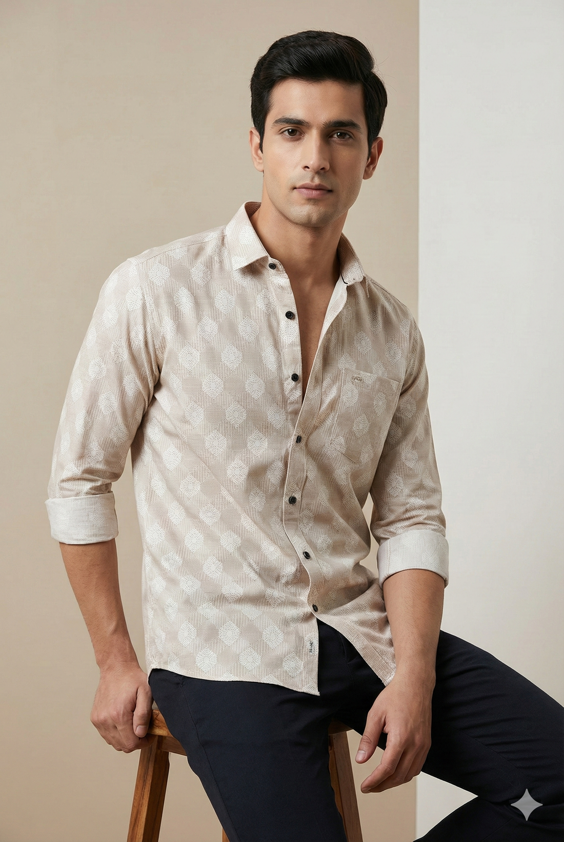 Beige Geometric Pattern Premium Cotton Shirt- 26248