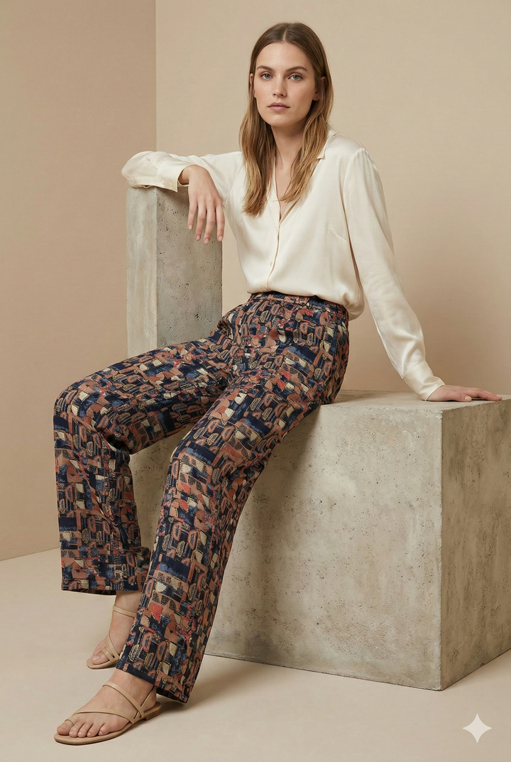 Women’s Printed Palazzo Pants with Elastic Waistband – Navy - 26262