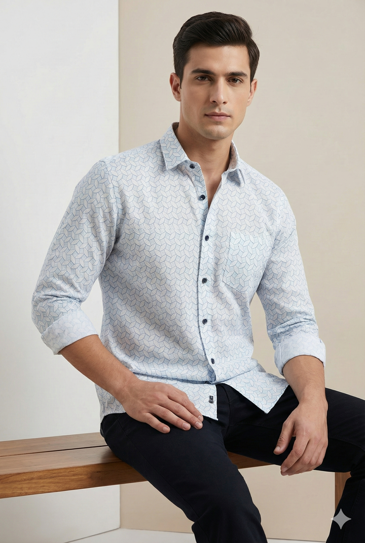 Men’s Premium Cotton Printed Casual Shirt – Sky Blue Leaf Pattern - 25504