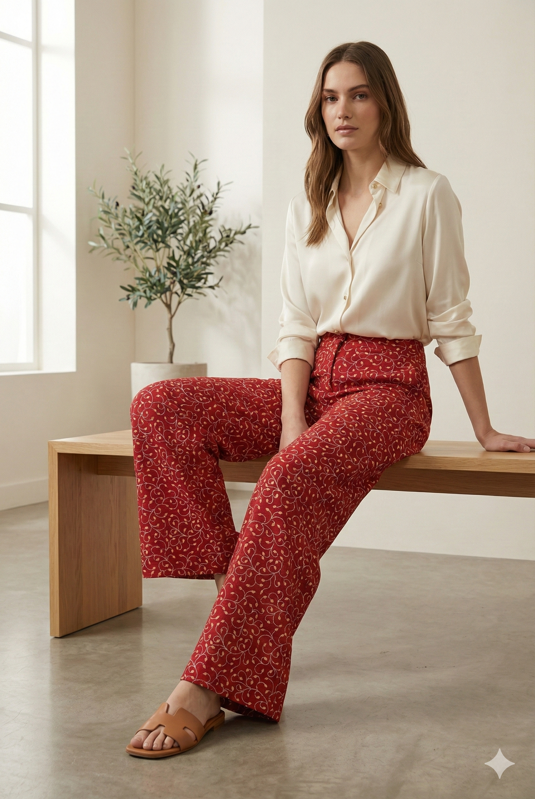 Maroon Printed Palazzo Pants with Leaf Vine Design - 26285