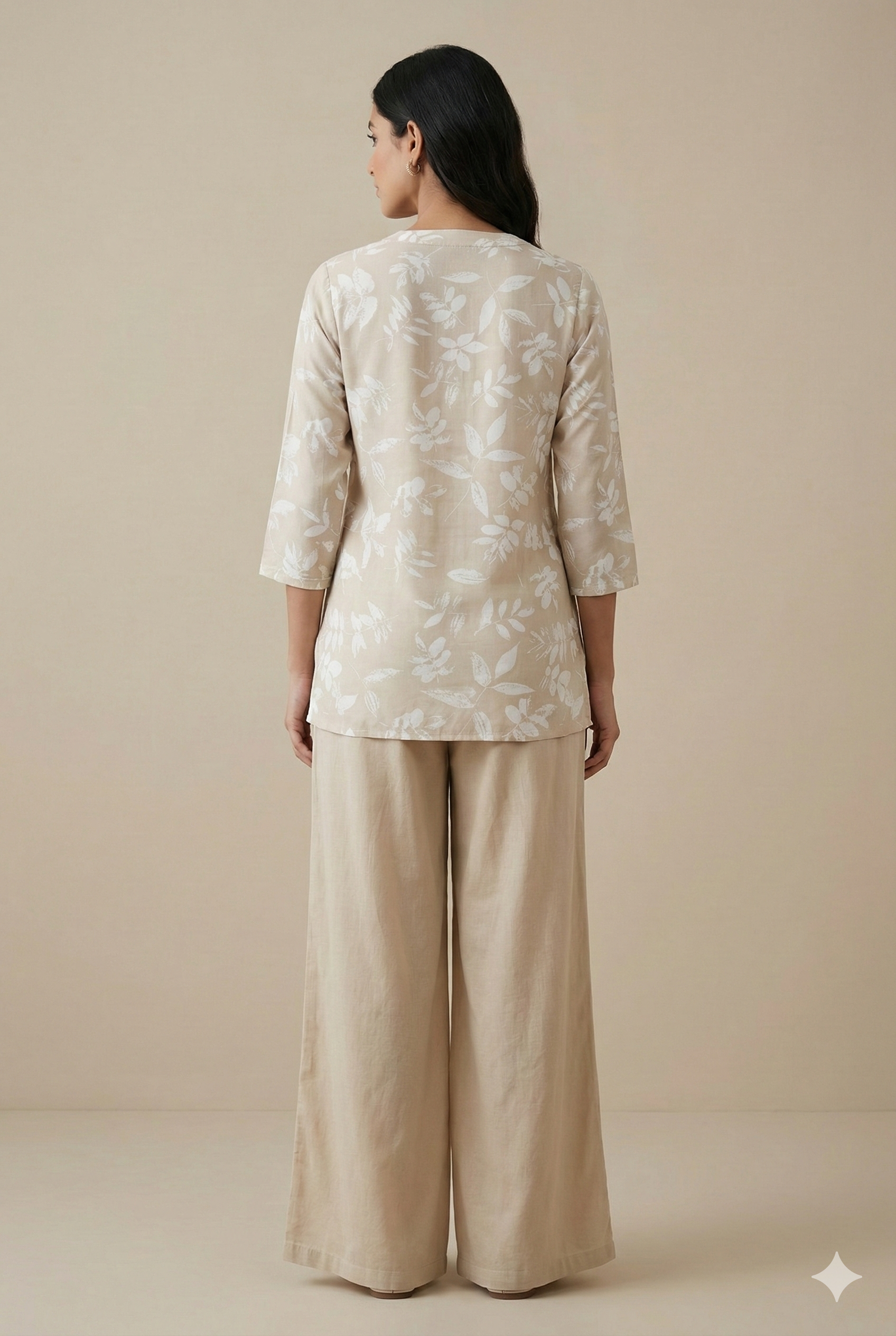 Beige Leaf-Print Casual Cotton Kurti with V-Notch Neck & 3/4 Sleeves - 26211