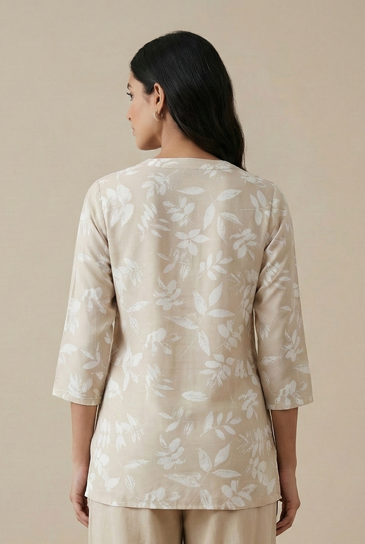 Beige Leaf-Print Casual Cotton Kurti  - 26211