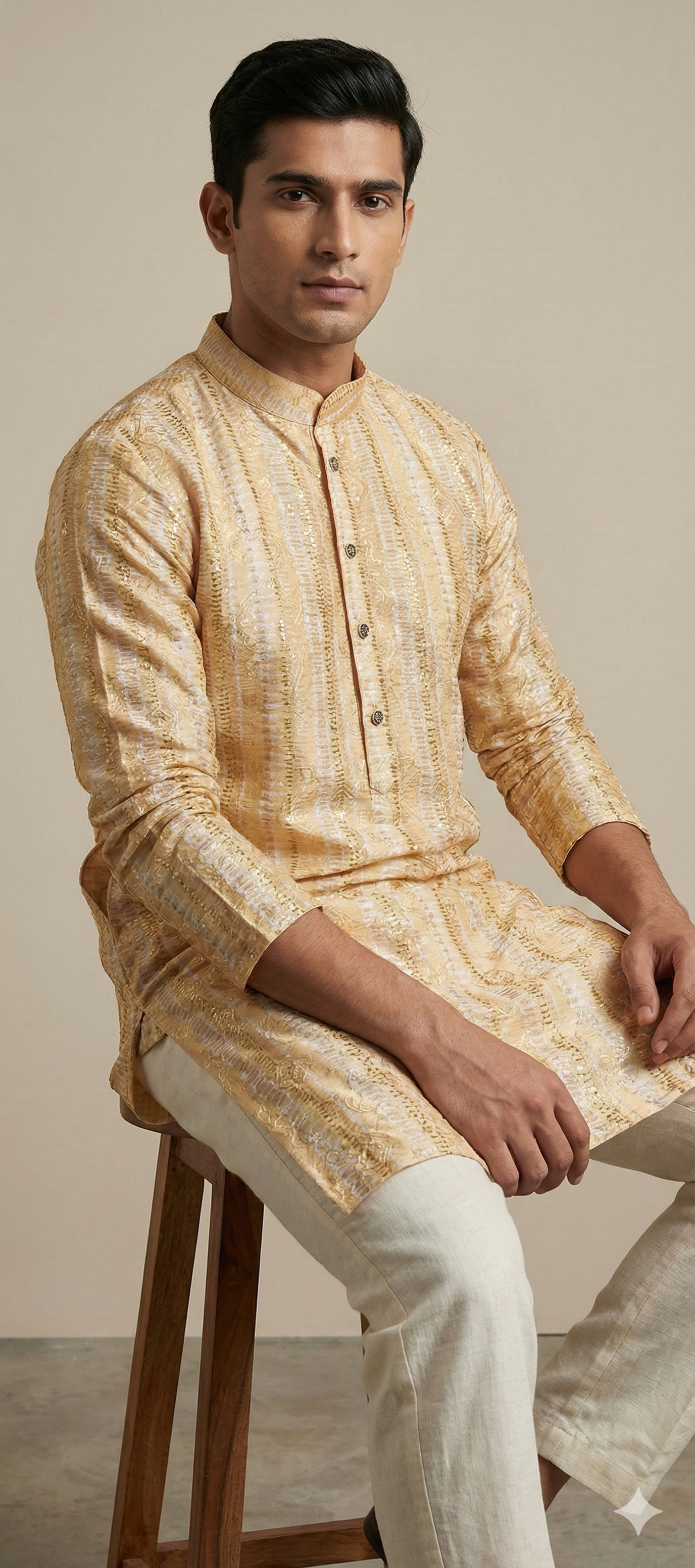 Golden Beige Sequin-Embroidered Designer Kurta - 26414
