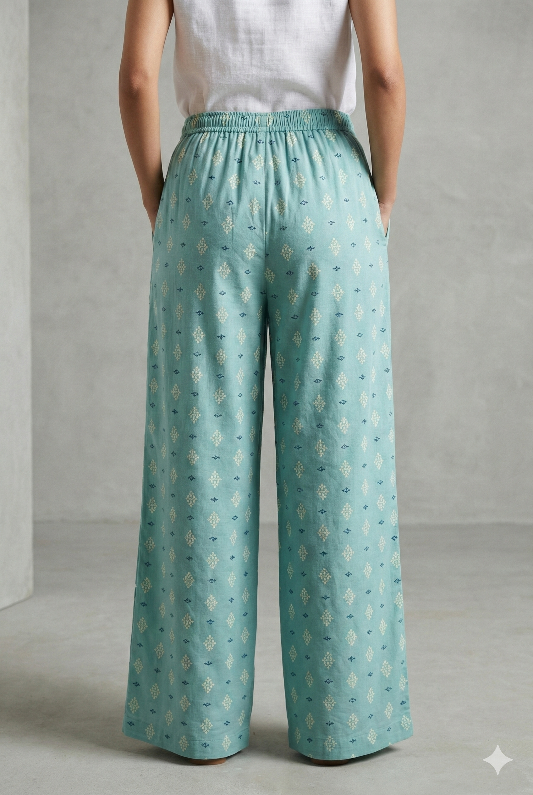 Sky Blue Ethnic Motif Print Elastic Waist Palazzo - 26343
