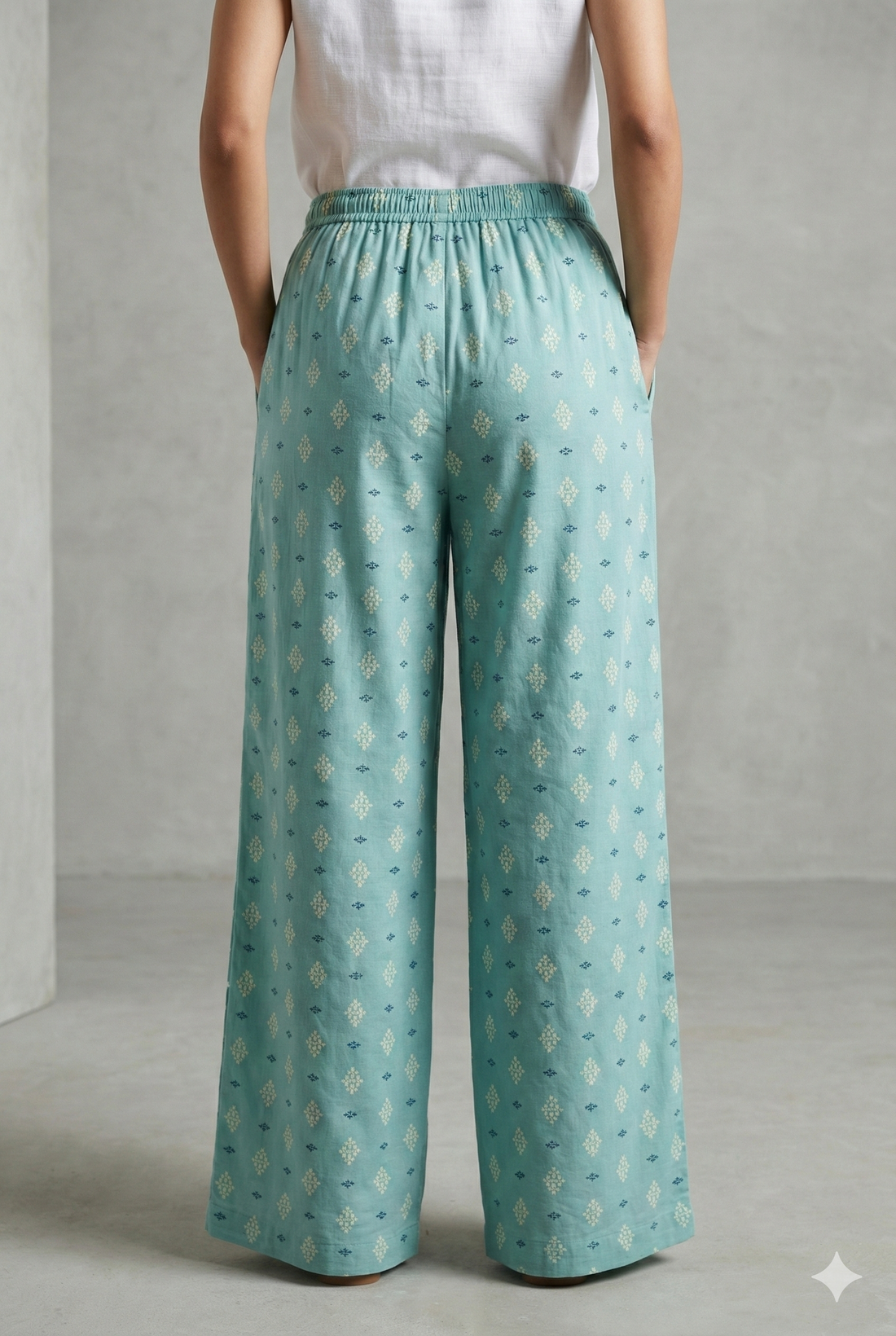 Sky Blue Ethnic Motif Print Elastic Waist Palazzo - 26343