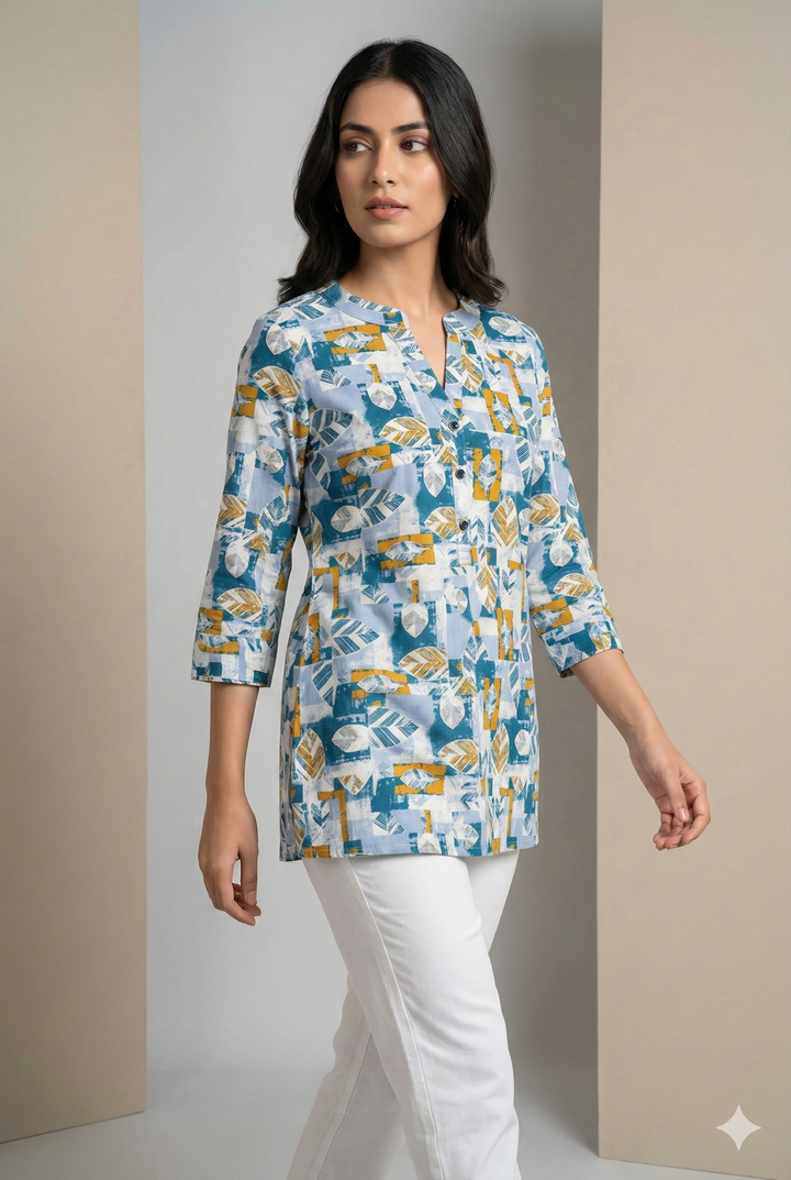 Women’s Teal & Mustard Leaf Print Cotton Kurti  25008