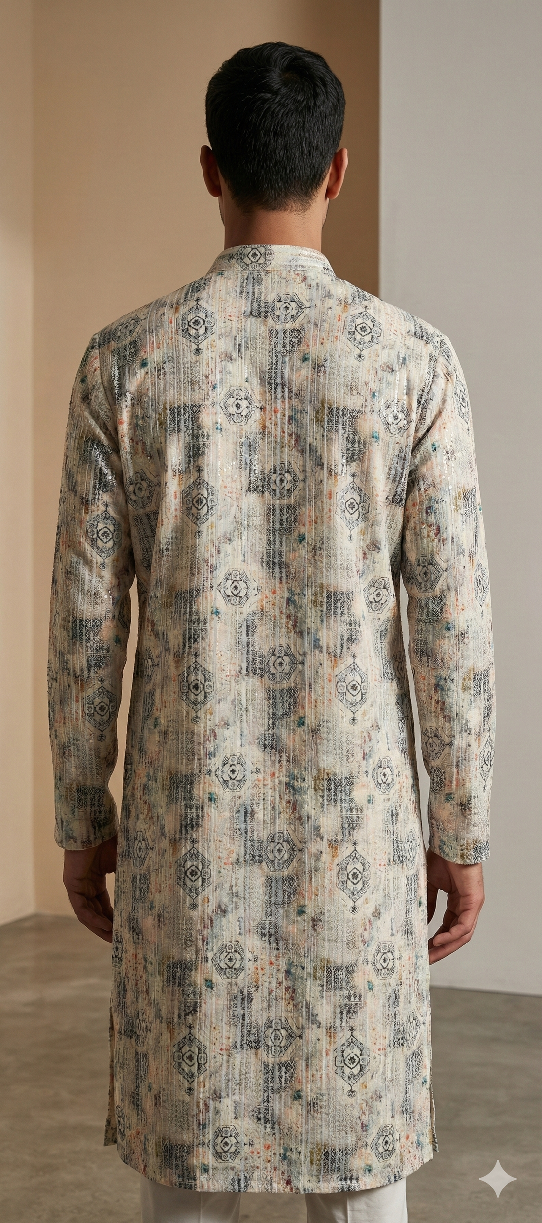 Men’s Ivory Printed Textured Kurta Pajama - 26404