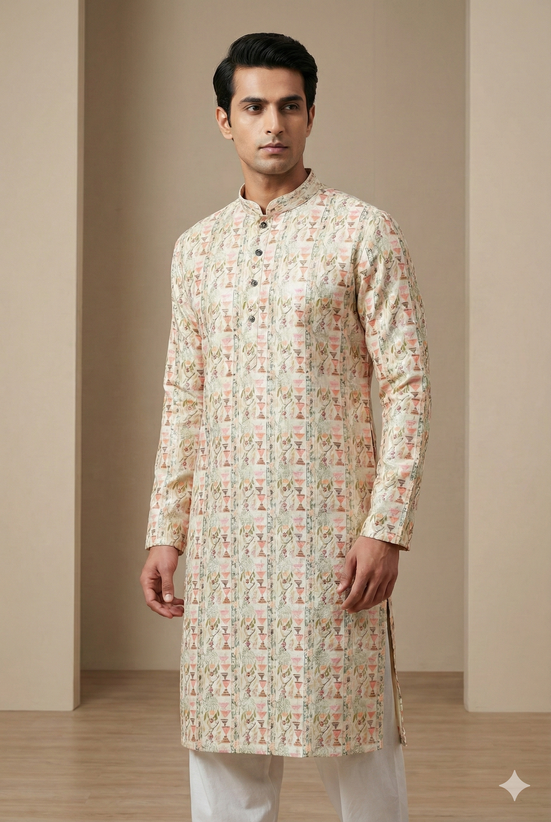 Men’s Ivory Peach Printed Kurta Pajama - 26397