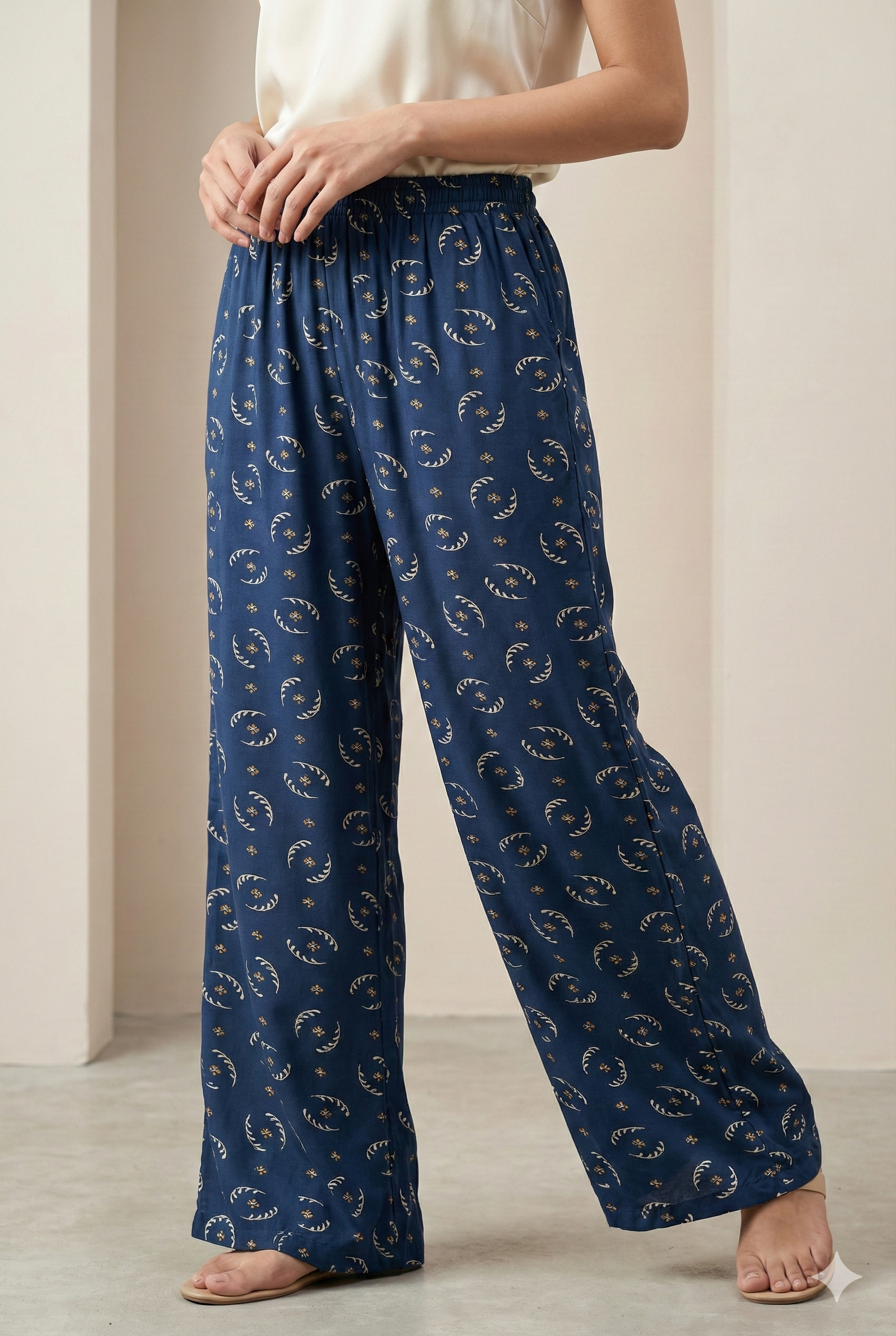Navy Blue Ethnic Print Cotton Palazzo - 26349