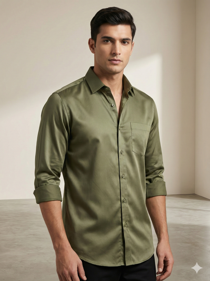 Men’s Solid Cotton satin Formal Shirt – Olive Green - 26495