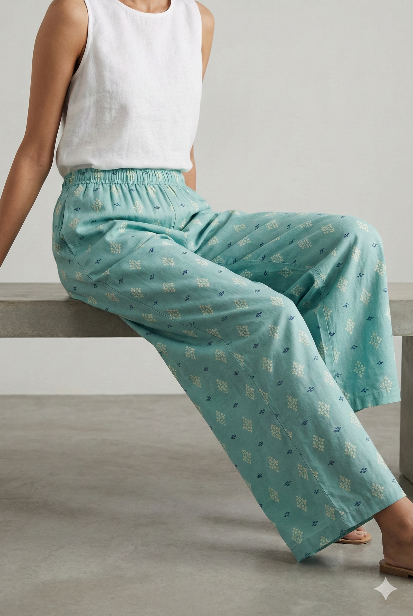 Sky Blue Ethnic Motif Print Elastic Waist Palazzo - 26343