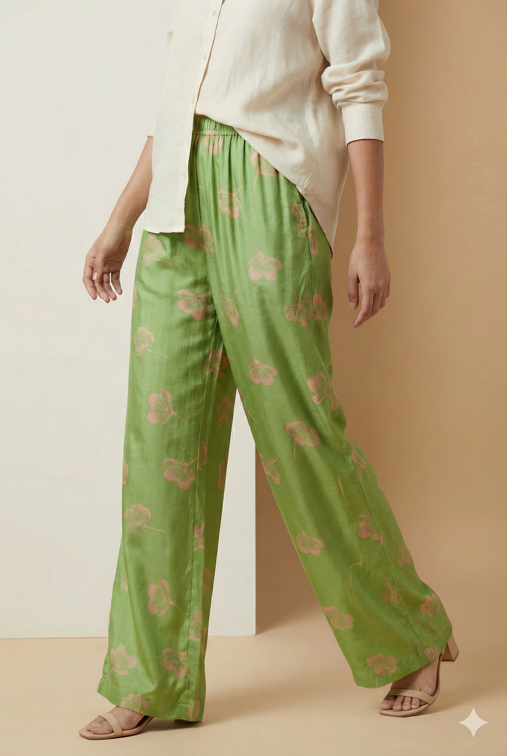 Pistachio Green Floral Print Elastic Waist Palazzo - 26281