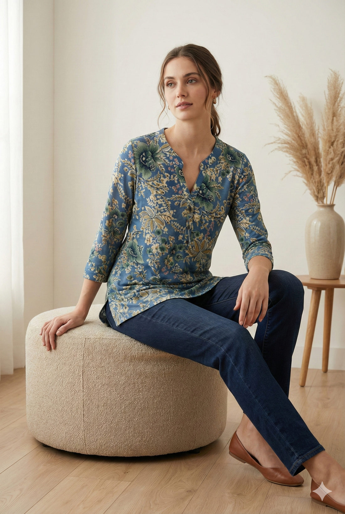 Women’s Blue Floral Printed Kurti Soft Cotton Blend - 26192