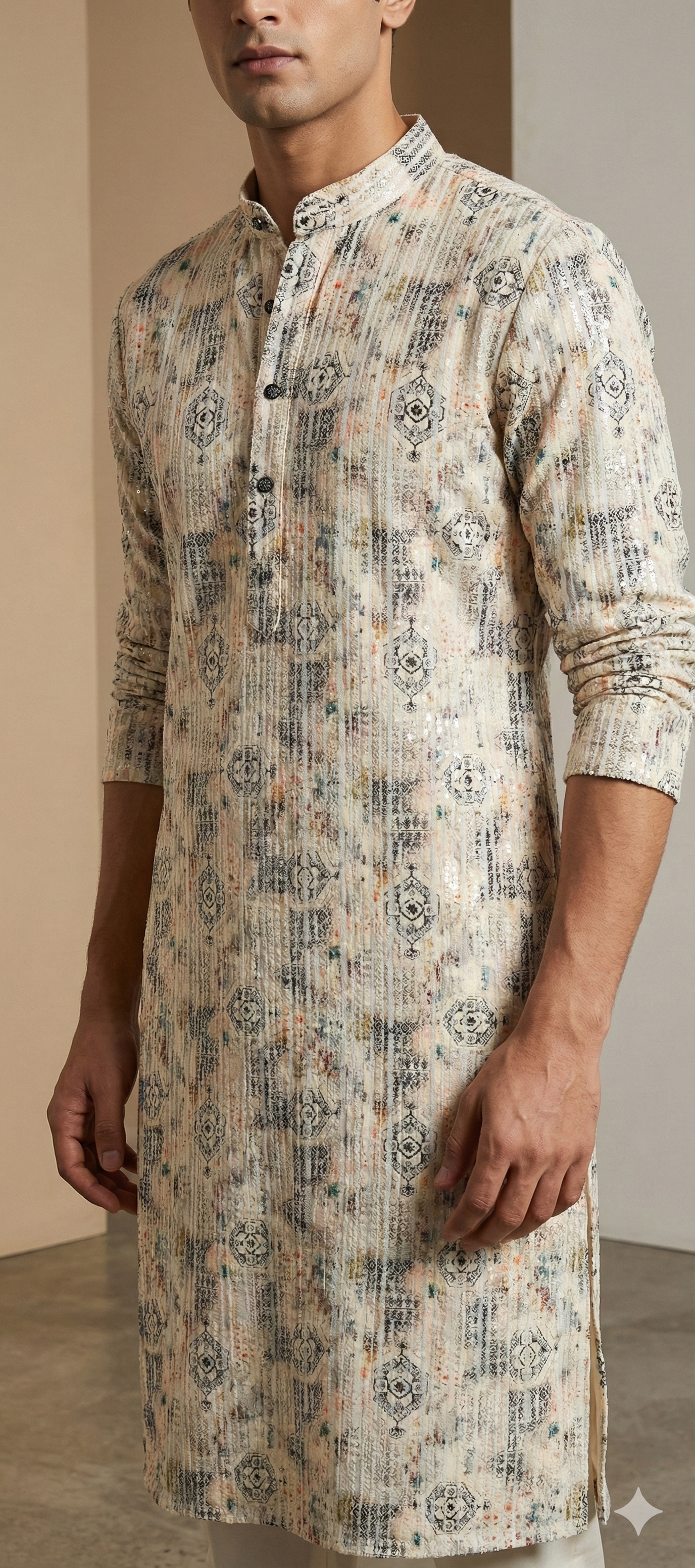 Men’s Ivory Printed Textured Kurta Pajama - 26404