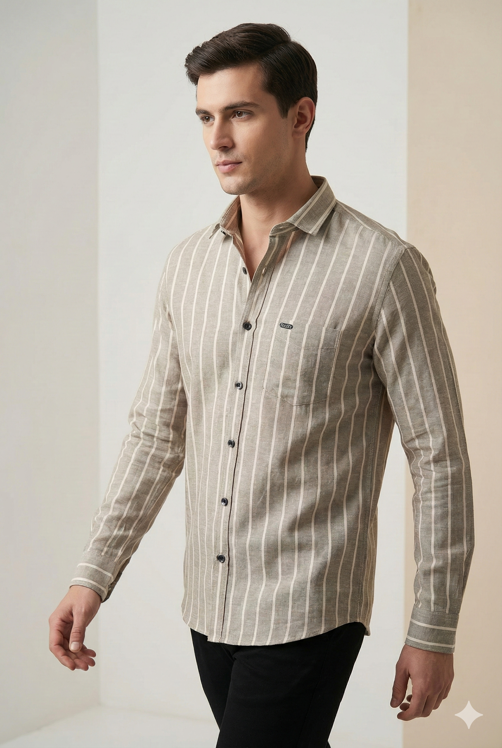 Beige & White Vertical Stripe Cotton Casual Shirt - 24550