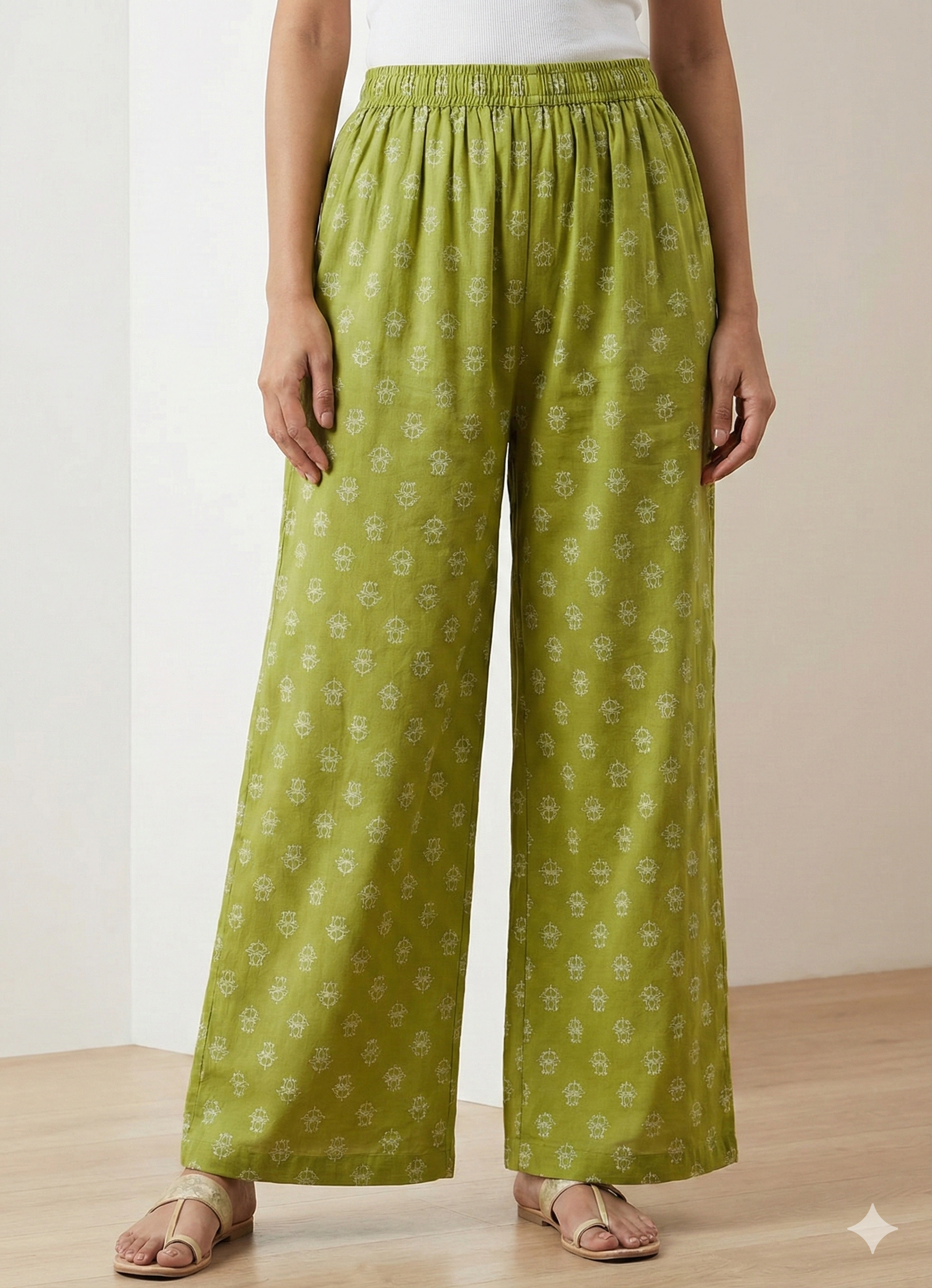 Olive Green Printed Cotton Palazzo - 26351