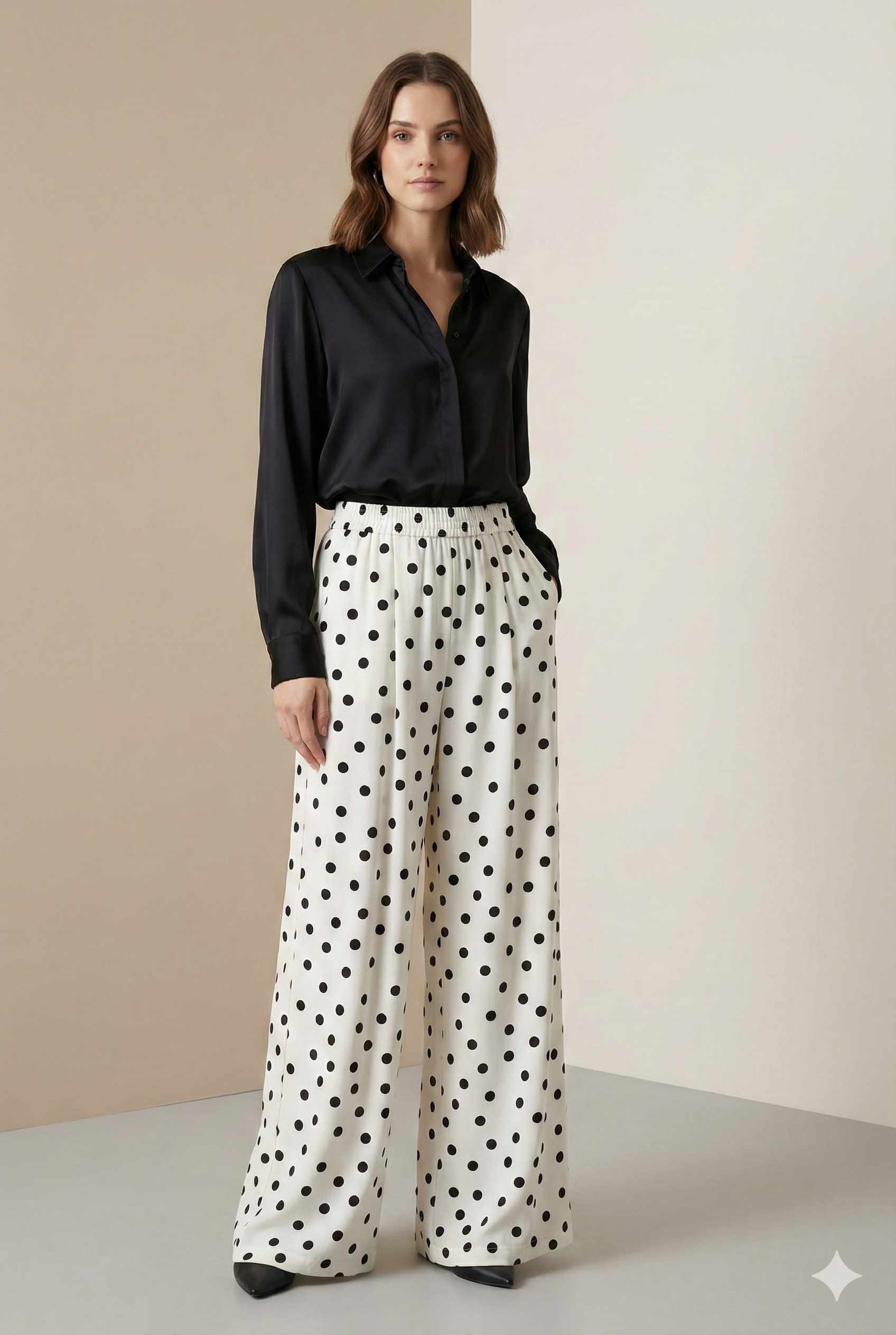 White & Black Polka Dot Elastic Waist Palazzo Pants - 26348