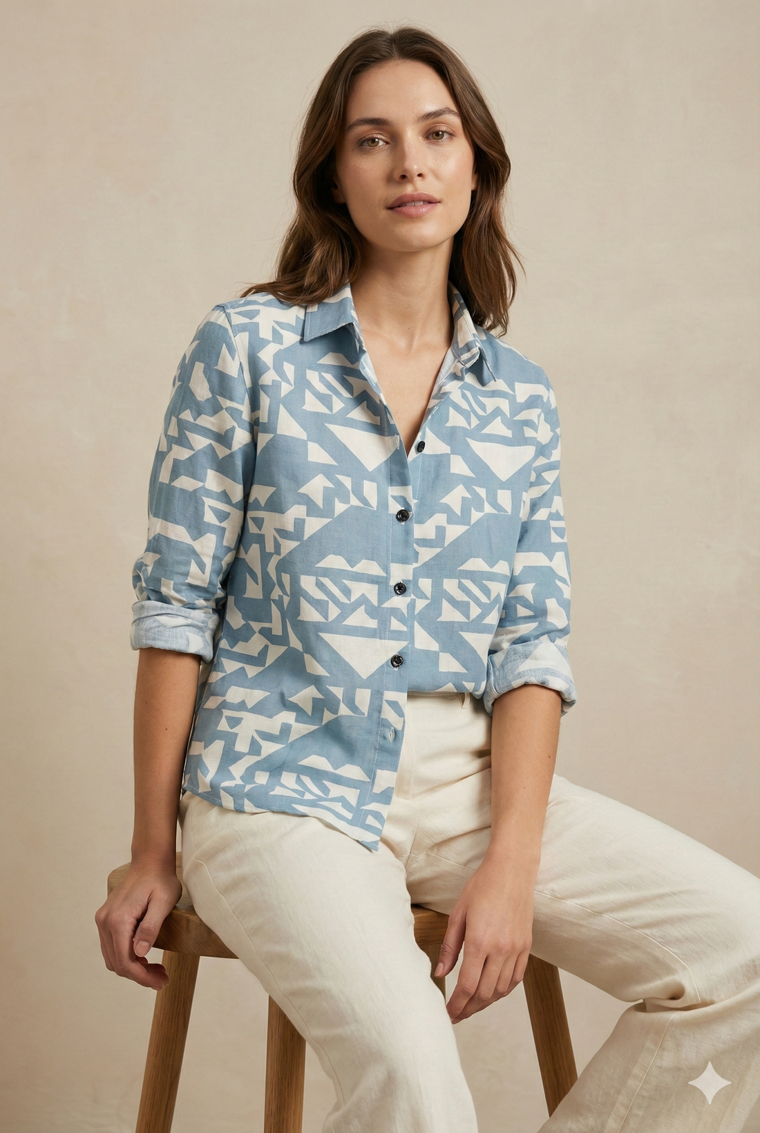 Women’s Blue & White Abstract Print Full Sleeve Shirt - 25466