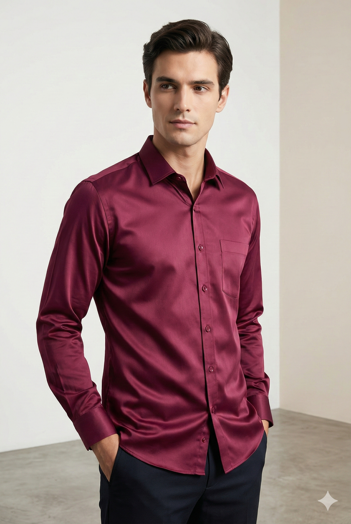 Premium Solid Cotton Satin Maroon Formal Shirt – Classic Fit - 26497