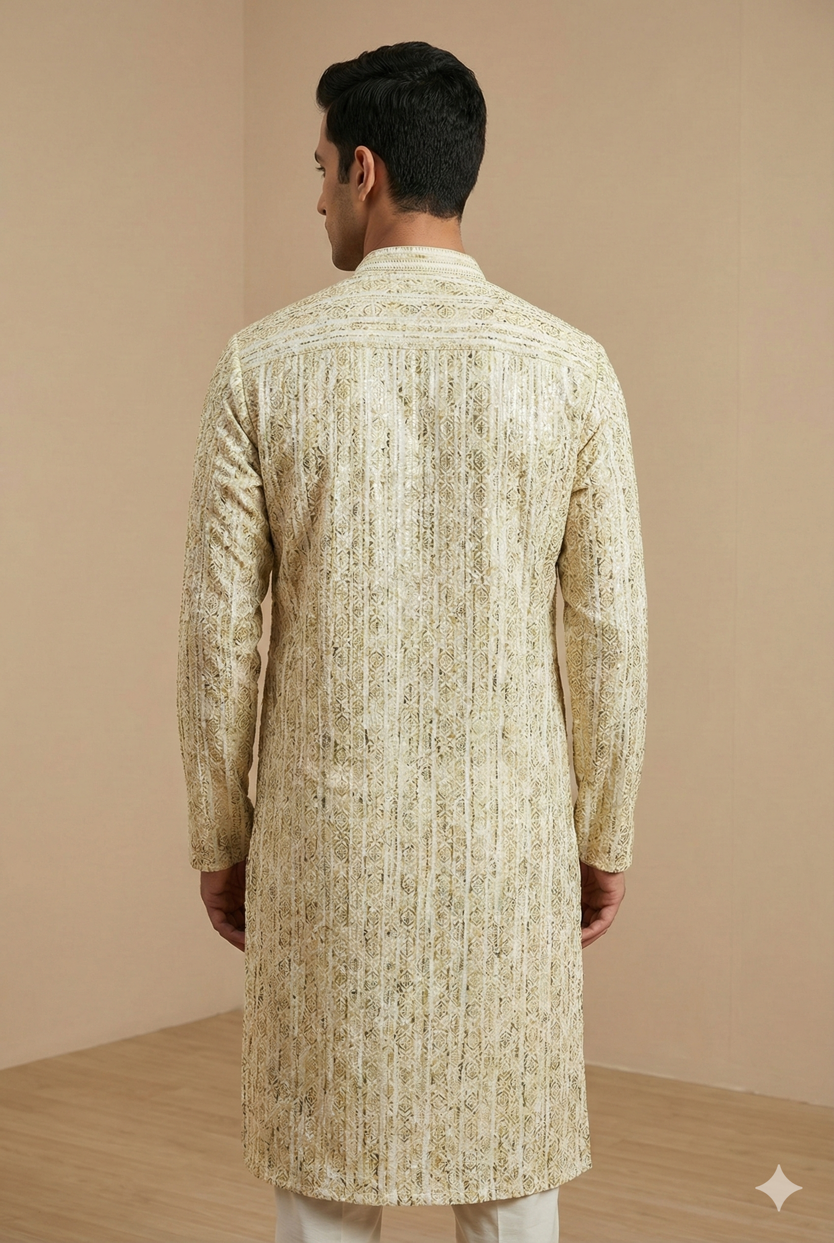 Men’s Ivory & Olive Printed Textured Kurta Pajama - 26416