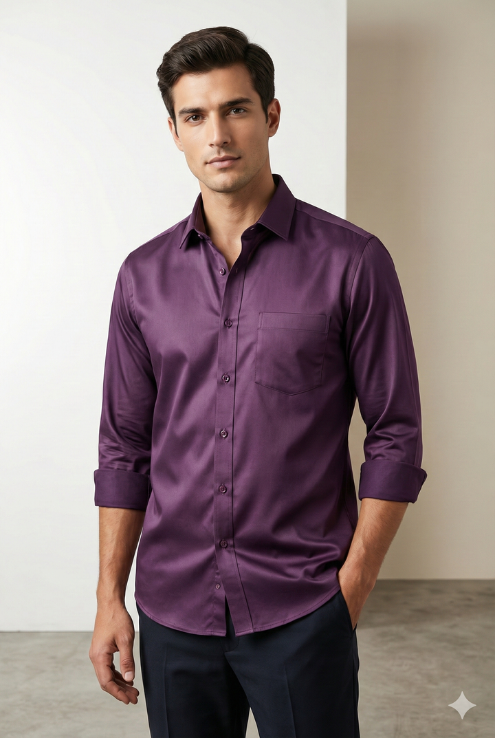 Men’s Solid Cotton Satin Formal Shirt – Deep Wine Purple - 26498