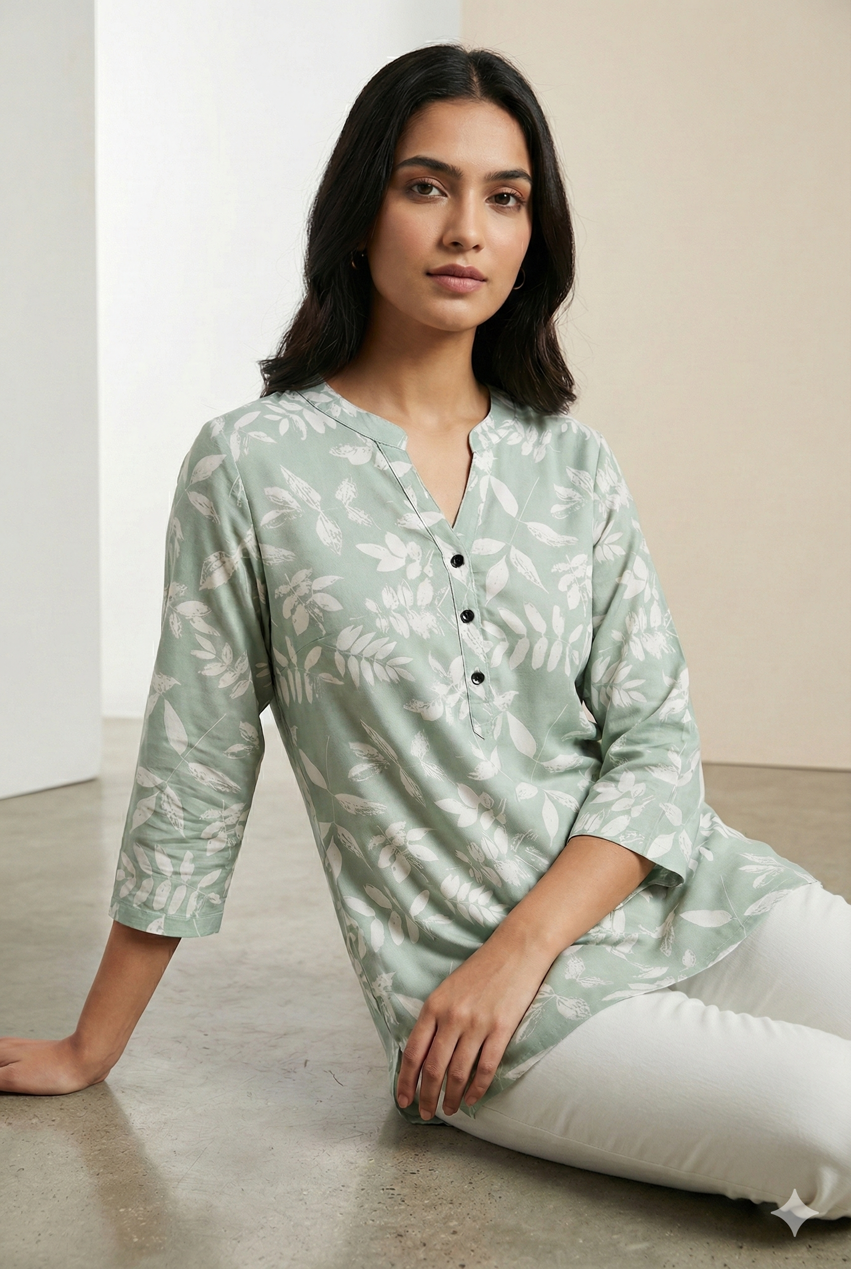 Sage Green Leaf-Print Soft V-Notch Neck Kurti - 26212