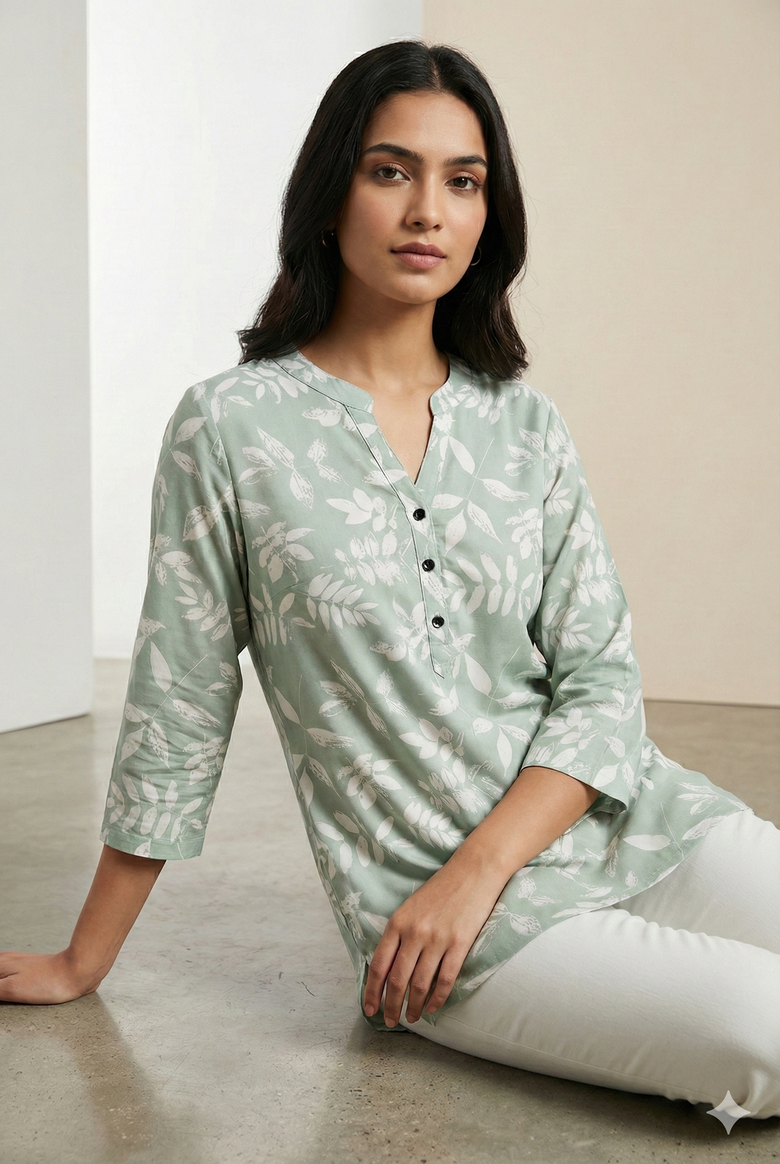 Sage Green Leaf-Print Soft V-Notch Neck Kurti - 26212