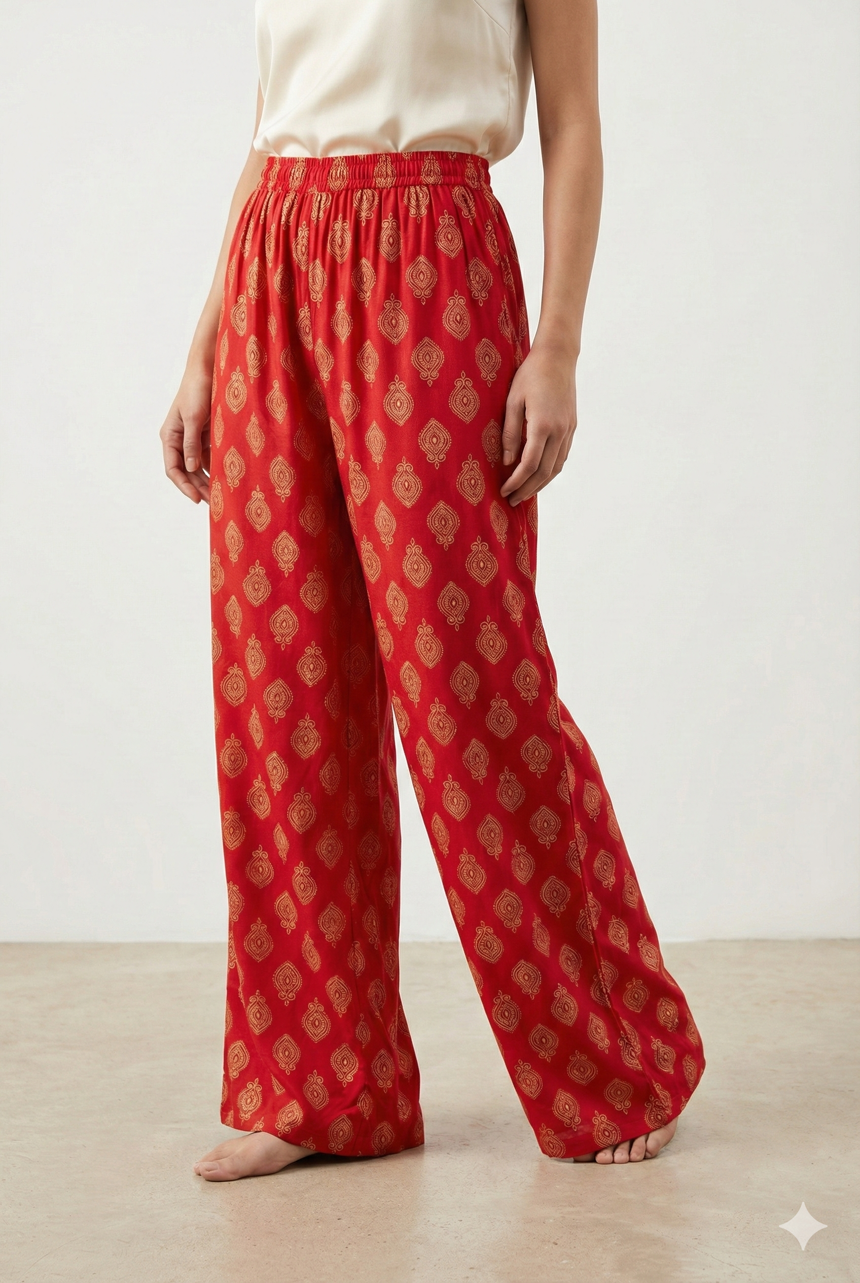 Red Ethnic Motif Print Elastic Waist Palazzo - 26290