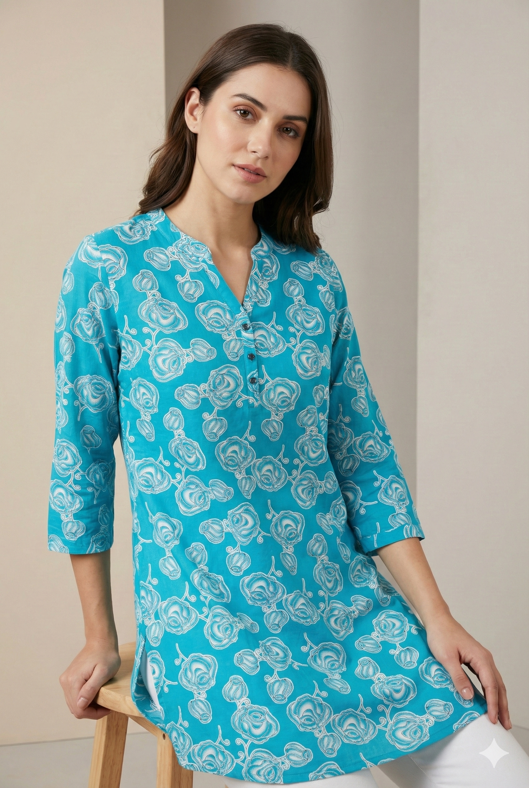 Teal Blue Floral Printed Straight Kurti for Women - 26010