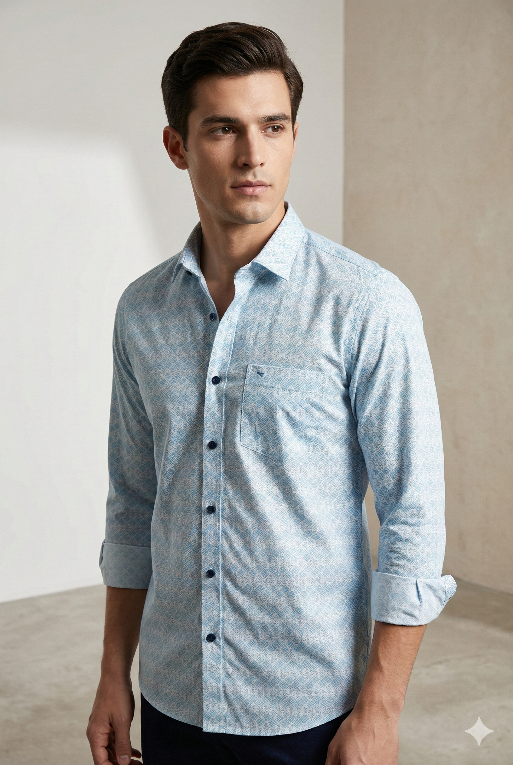 Men’s Premium Light Blue Geometric Print Formal Shirt - 25502