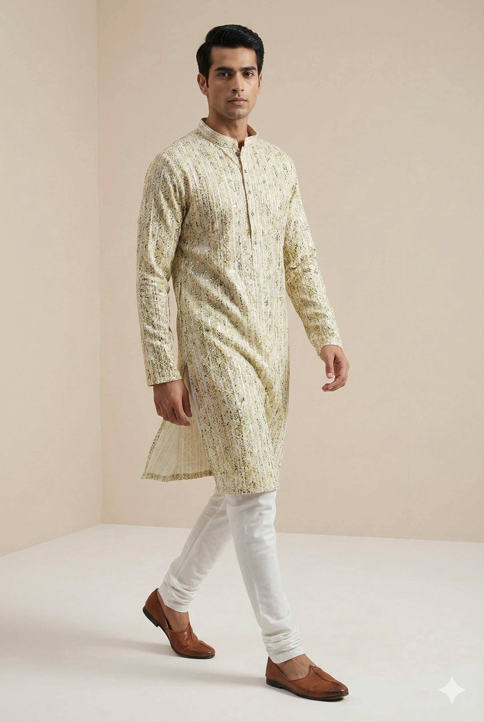 Men’s Ivory & Olive Printed Textured Kurta Pajama - 26416