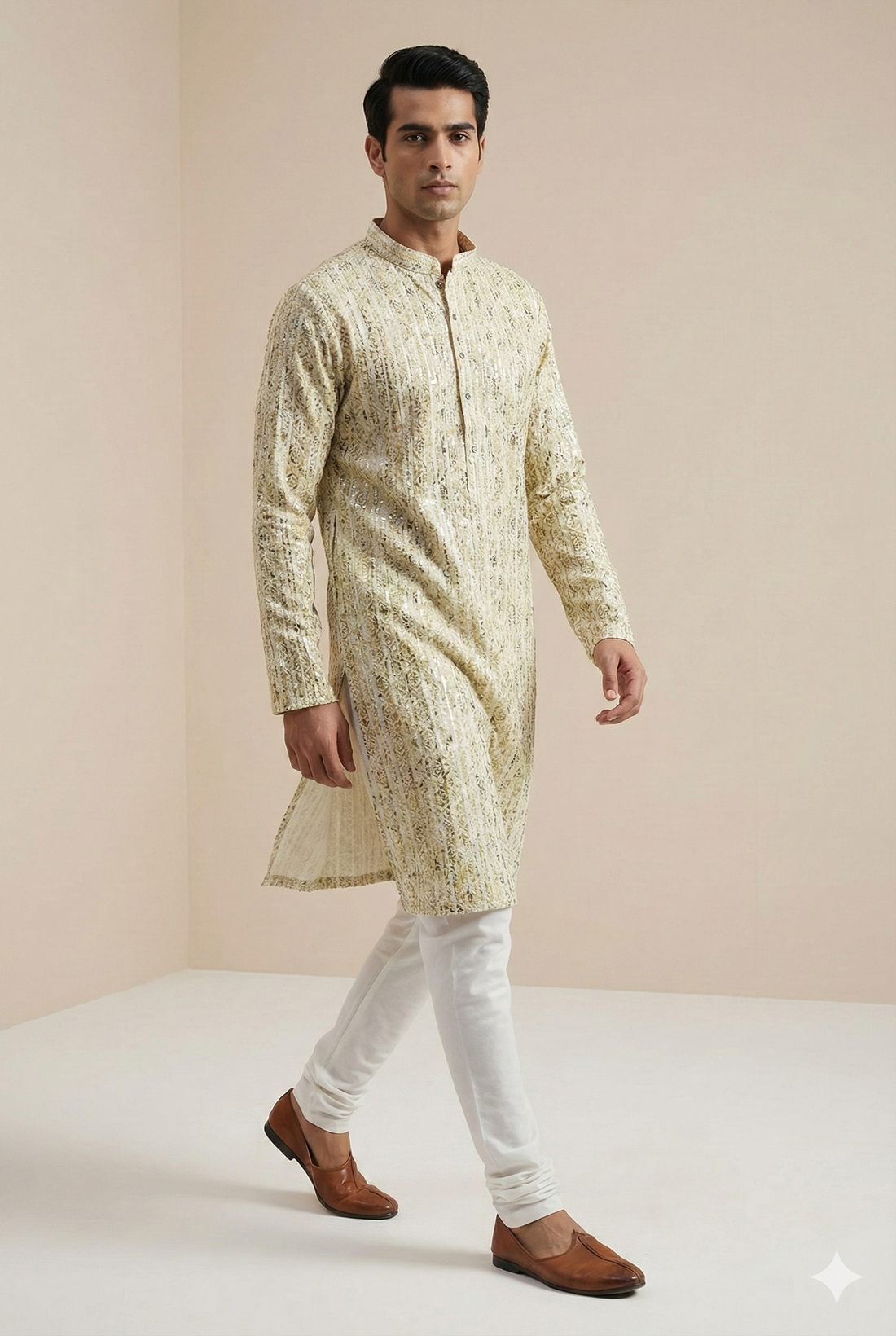 Men’s Ivory & Olive Printed Textured Kurta Pajama - 26416
