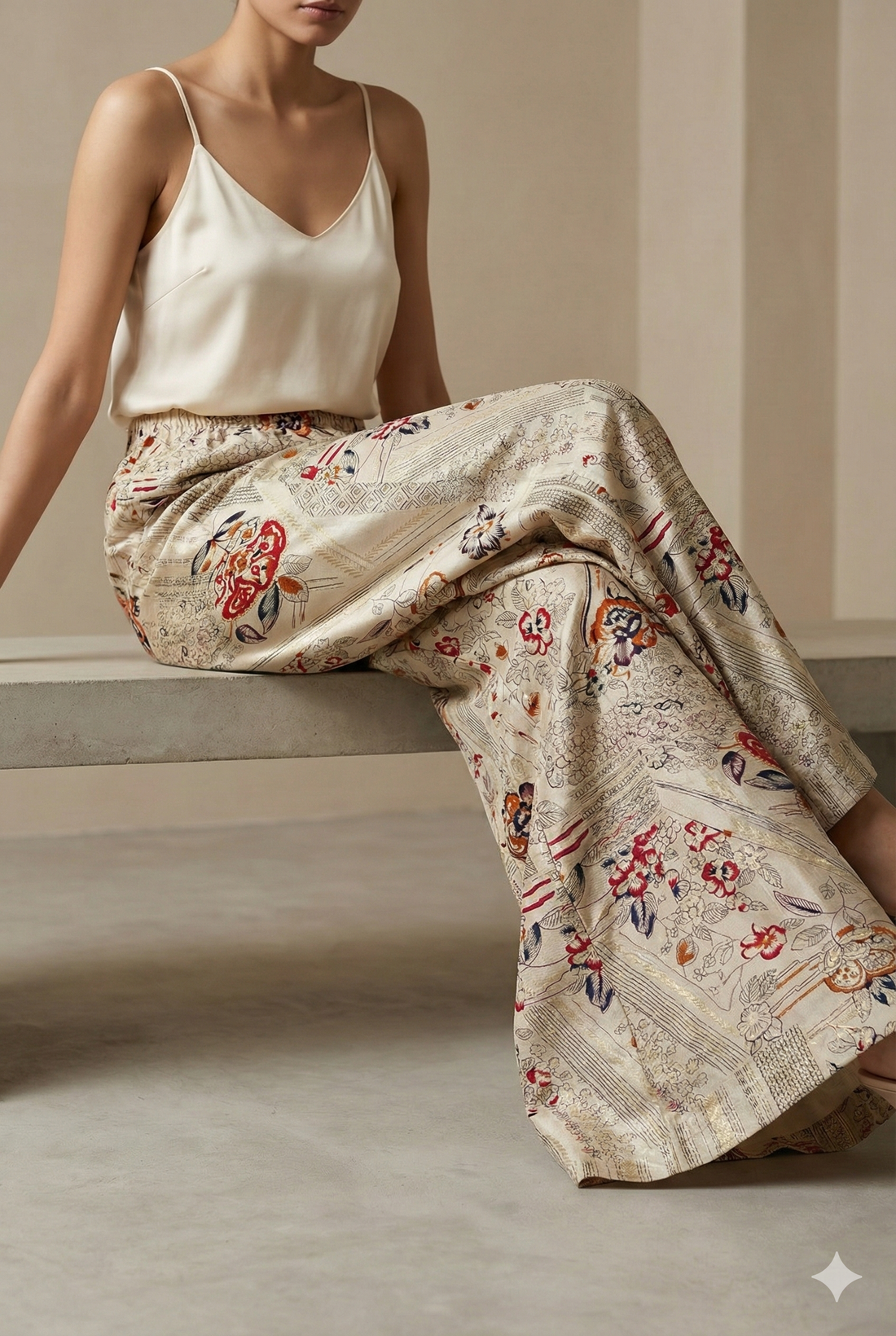 Ivory Floral Printed Cotton Palazzo with Elastic Waist - 26263