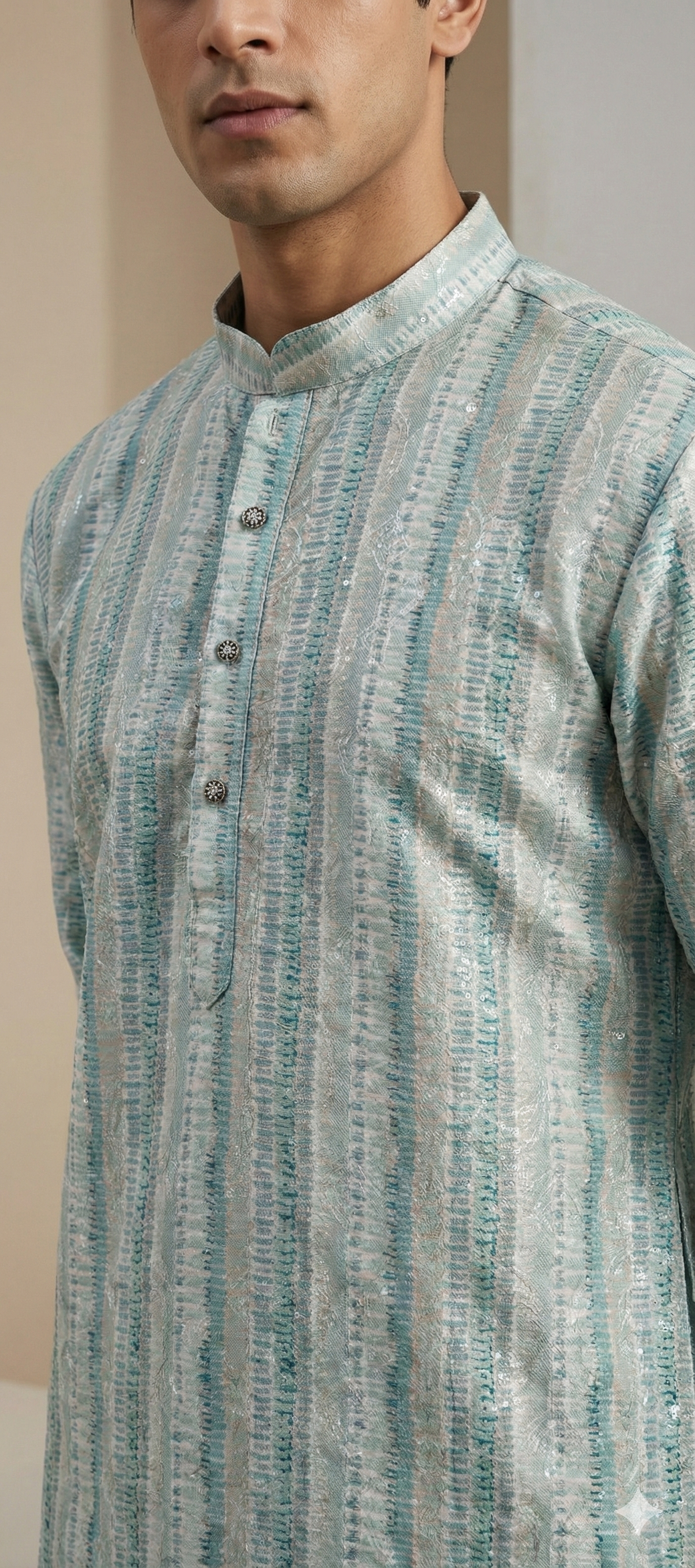 Pastel Blue Sequence Stone Work Textured Kurta Pajama for Men - 26415